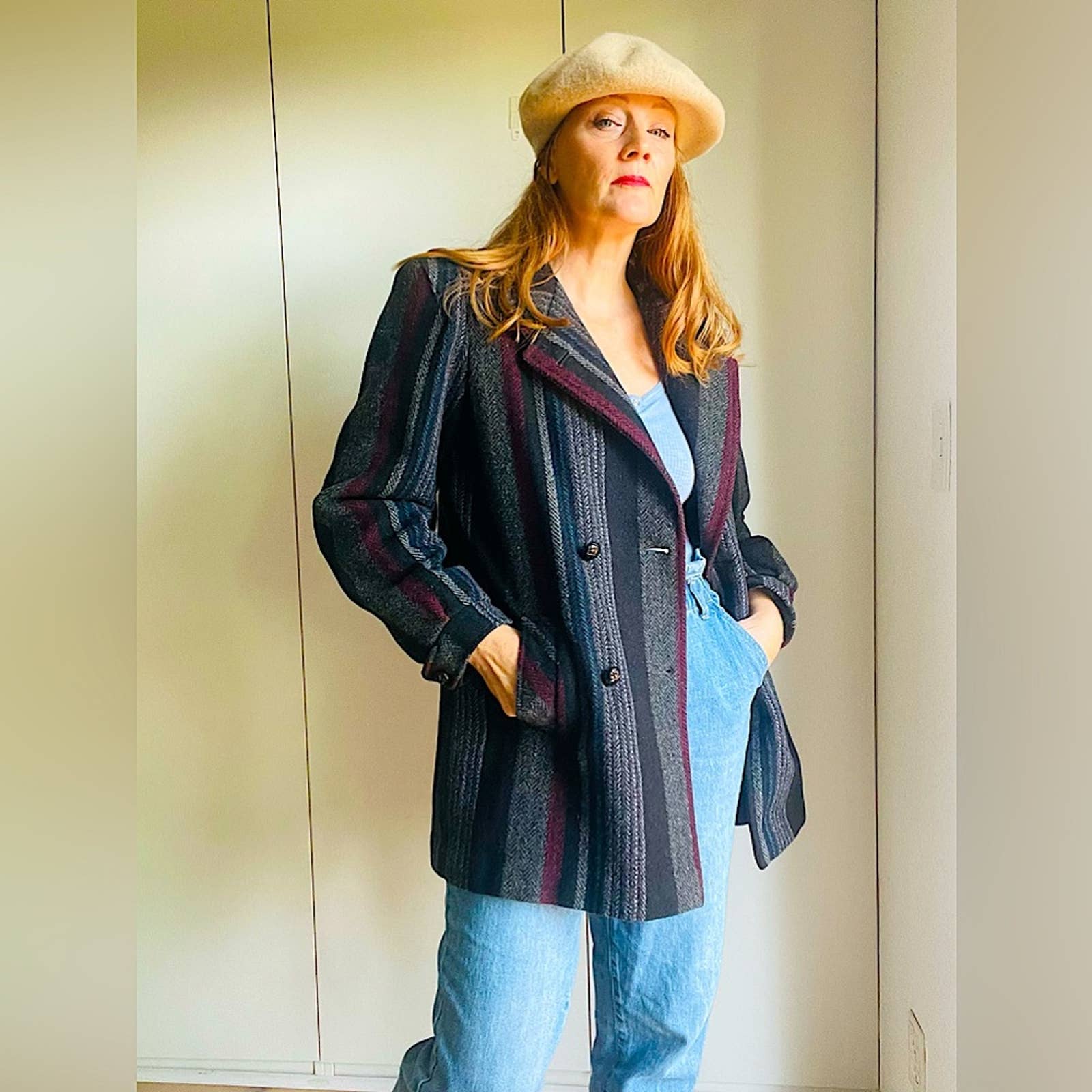 Vintage 70s 80s Wool Car Coat Striped Pocket Midi Length Gray/ Maroon/ Black M - Image 3