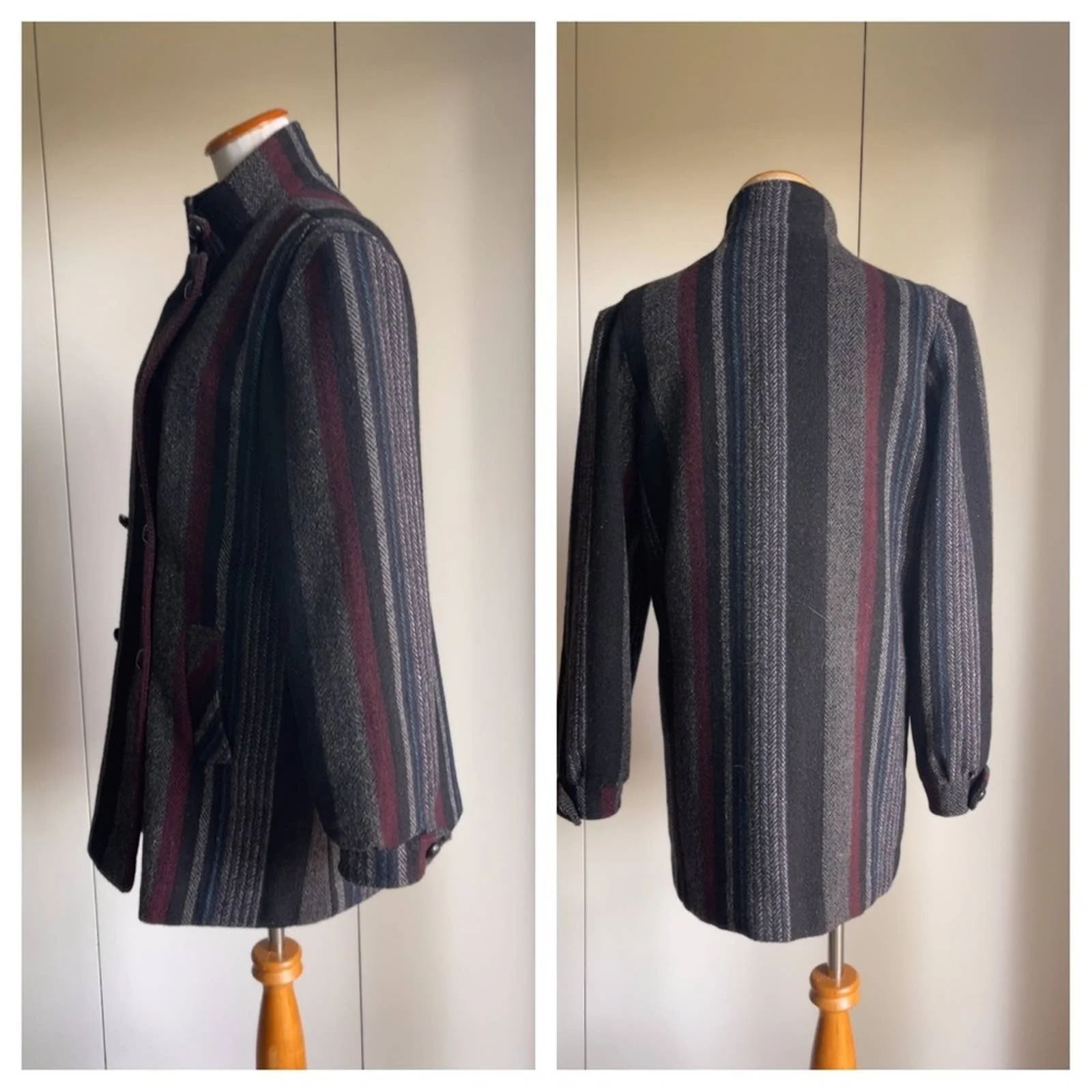 Vintage 70s 80s Wool Car Coat Striped Pocket Midi Length Gray/ Maroon/ Black M - Image 4