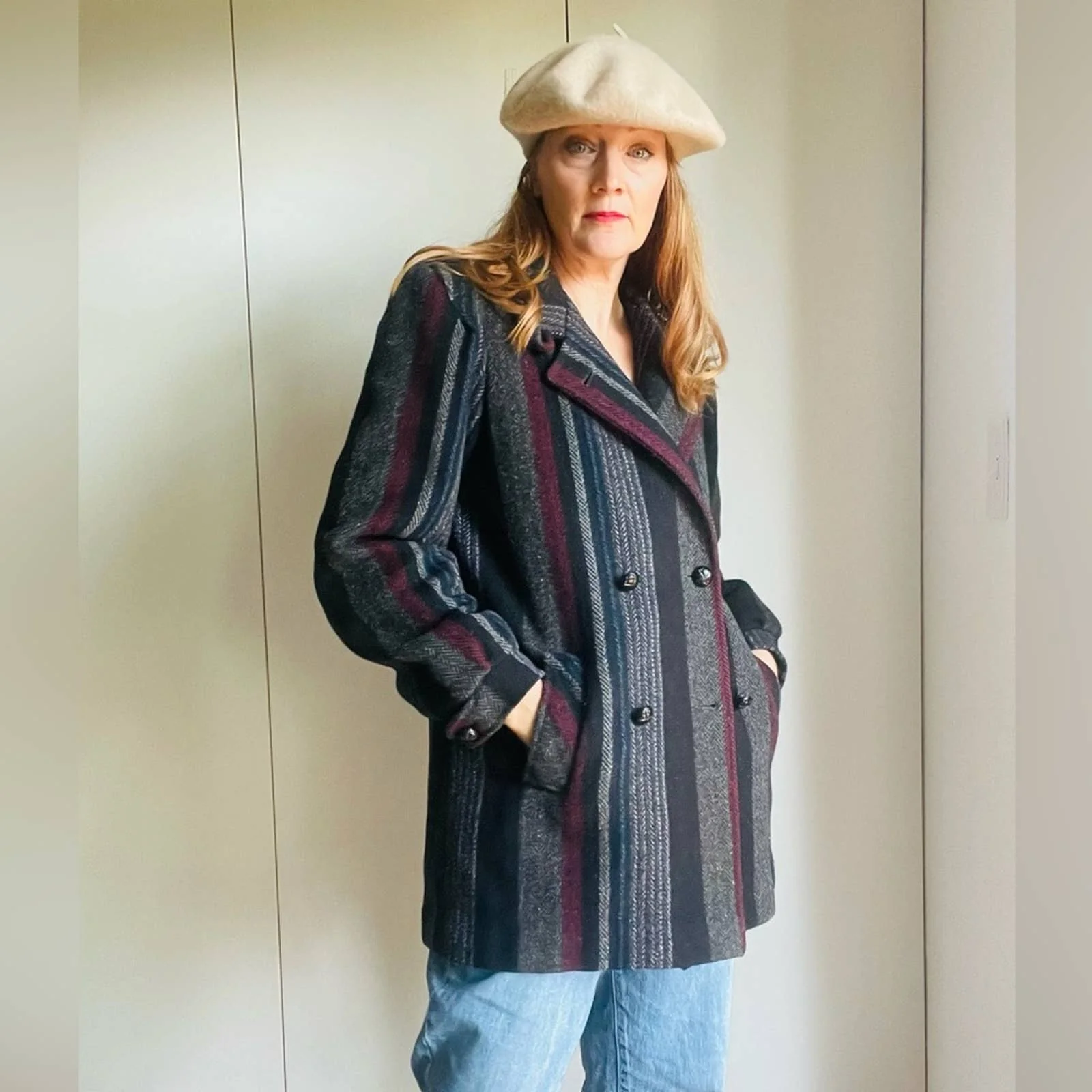 Vintage 70s 80s Wool Car Coat Striped Pocket Midi Length Gray/ Maroon/ Black M - Image 5