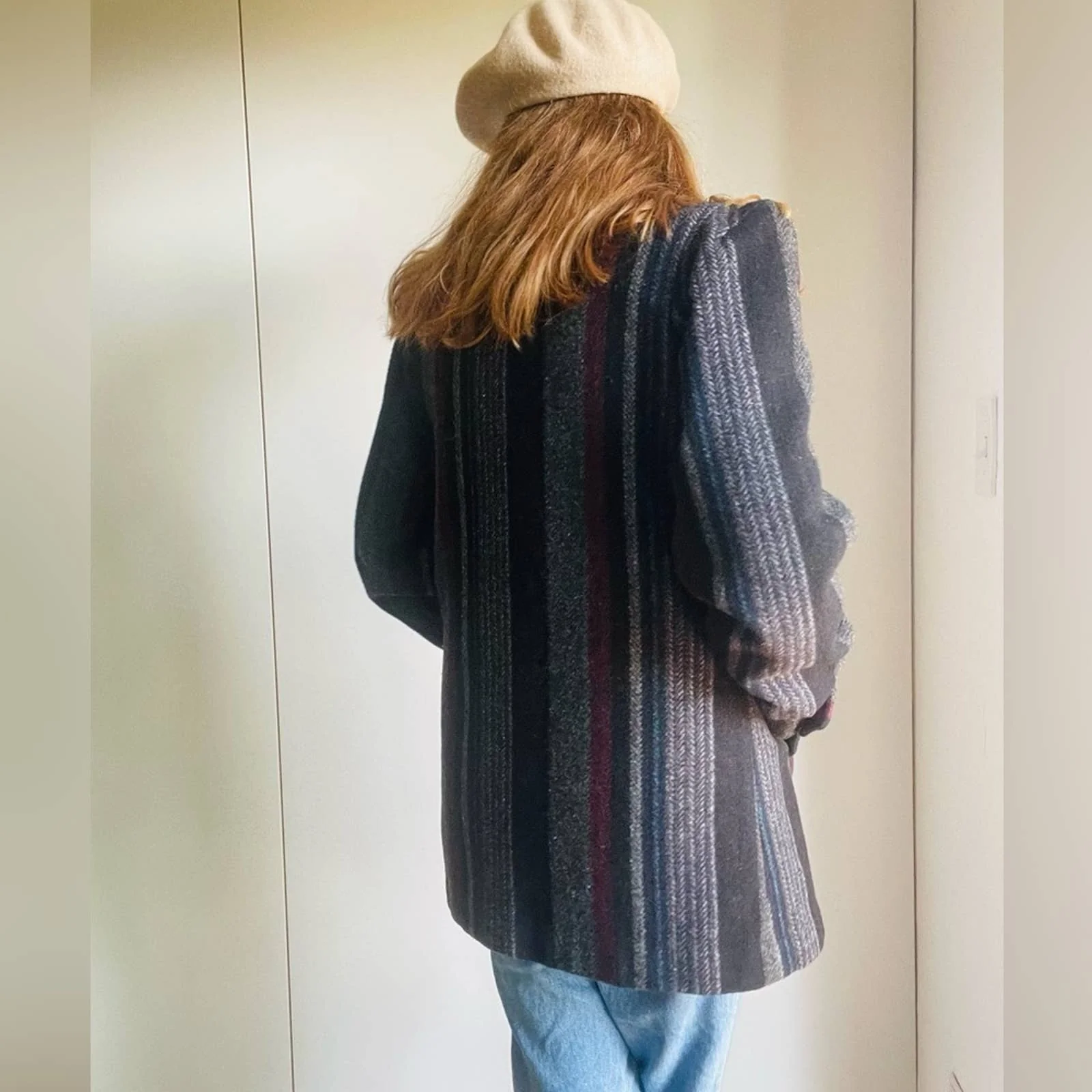 Vintage 70s 80s Wool Car Coat Striped Pocket Midi Length Gray/ Maroon/ Black M - Image 6