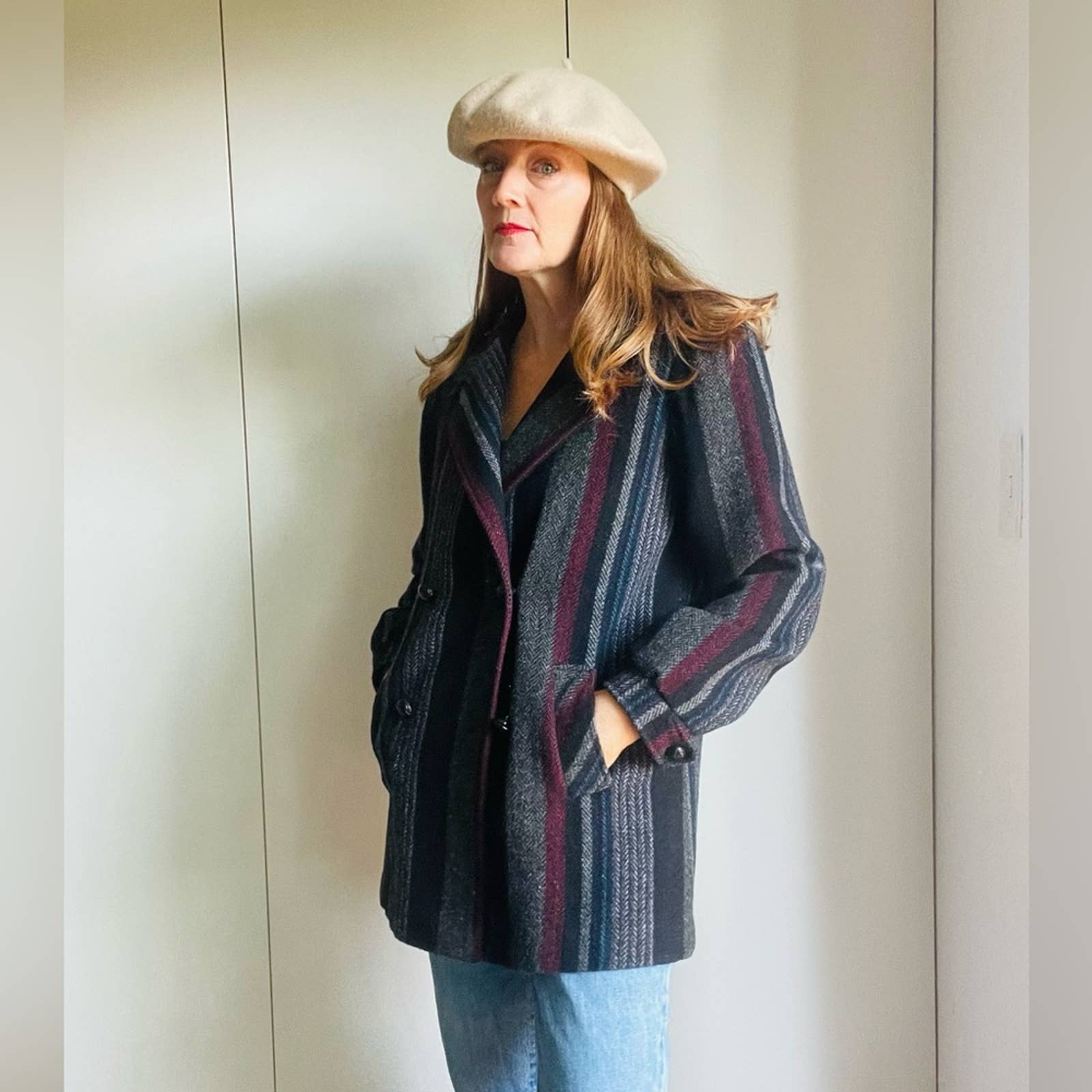 Vintage 70s 80s Wool Car Coat Striped Pocket Midi Length Gray/ Maroon/ Black M - Image 7