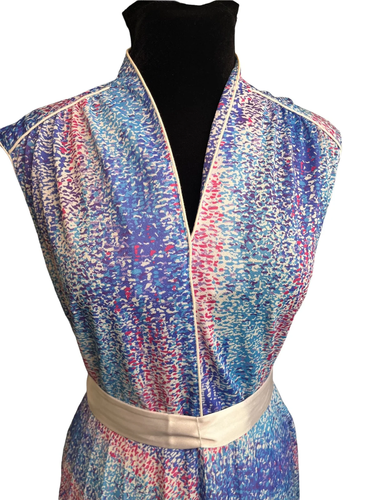 Vintage 70s Abstract White Purple Pink Blue Midi V-Neck Dress Large/xl by Diolen - Image 3
