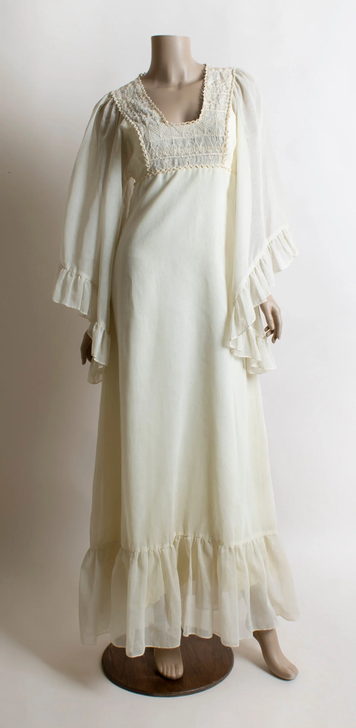 Vintage 70s Angel Wing Maxi Dress Ivory Cream White Sheer Floor Length Gown Small by  Infinity Soutache - Image 3