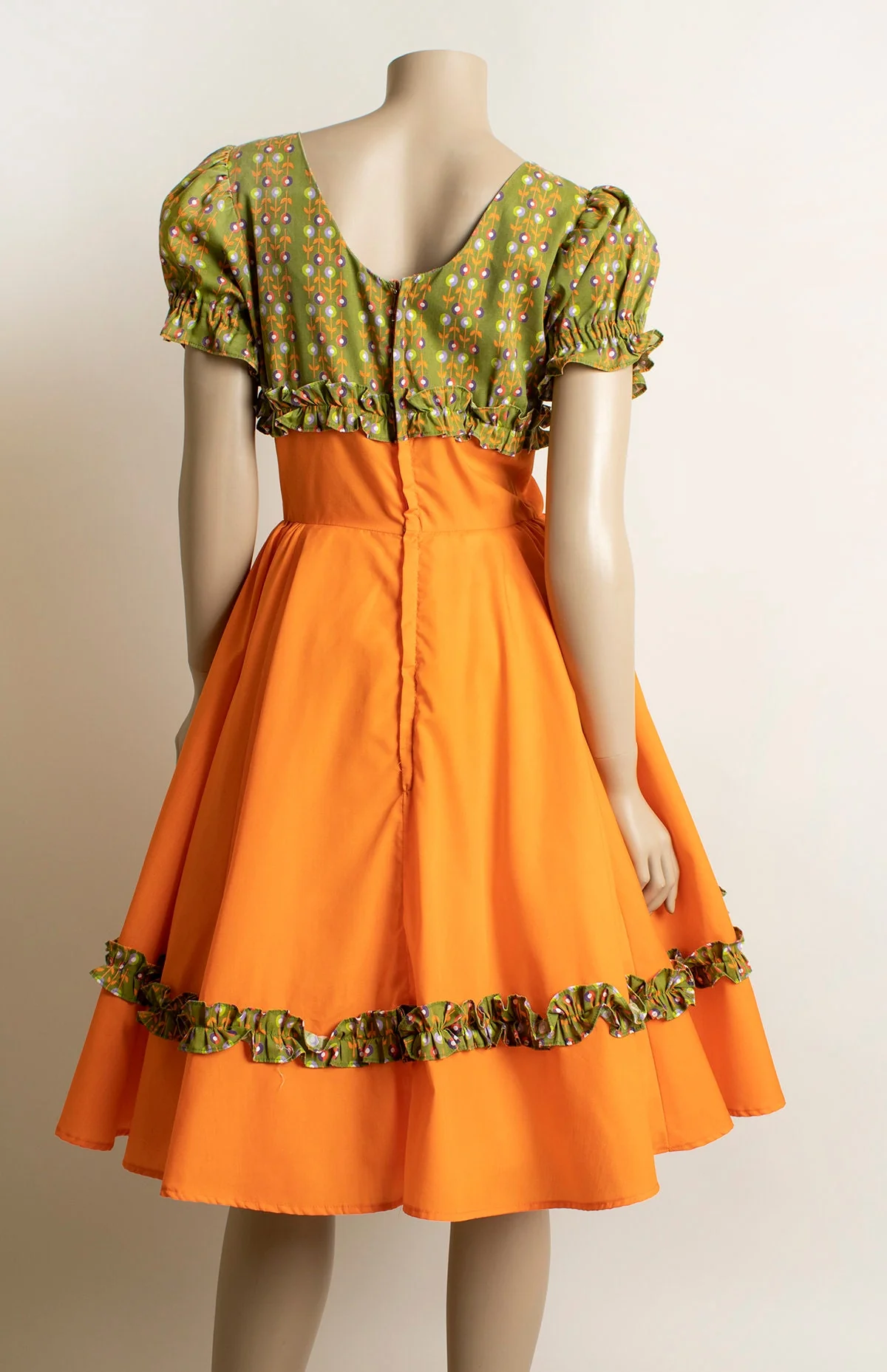 Vintage 70s Autumn Orange Floral Print Olive Green - Full Circle Skirt Lolita Puff Sleeves - Image 2
