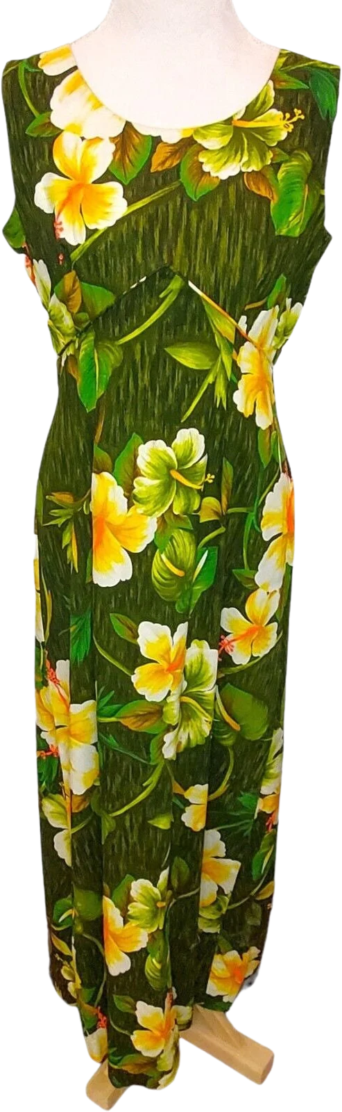Vintage 70s Barkcloth Maxi Dress Green Yellow Sleeveless Sz Large by Royal Hawaiian