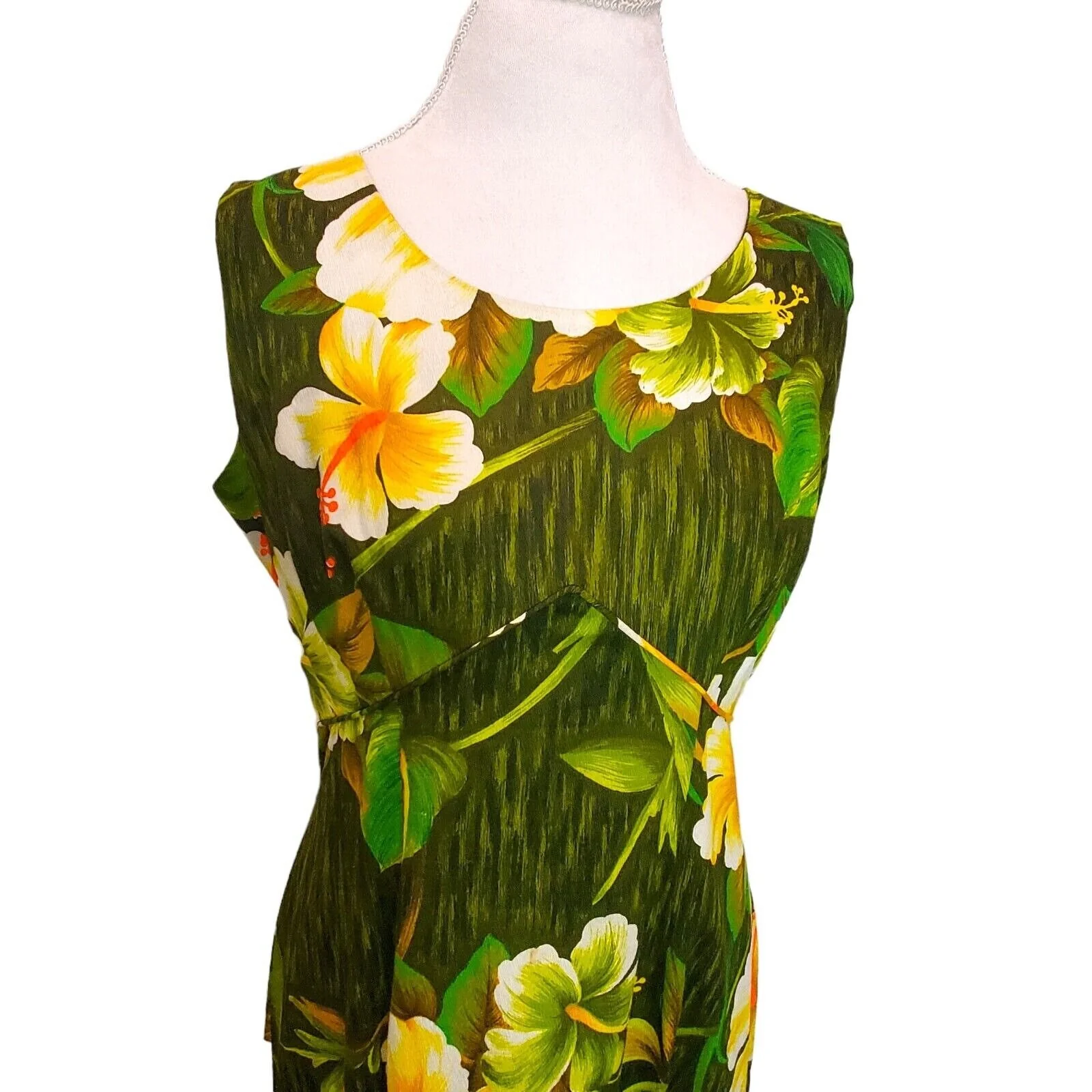 Vintage 70s Barkcloth Maxi Dress Green Yellow Sleeveless Sz Large by Royal Hawaiian - Image 5