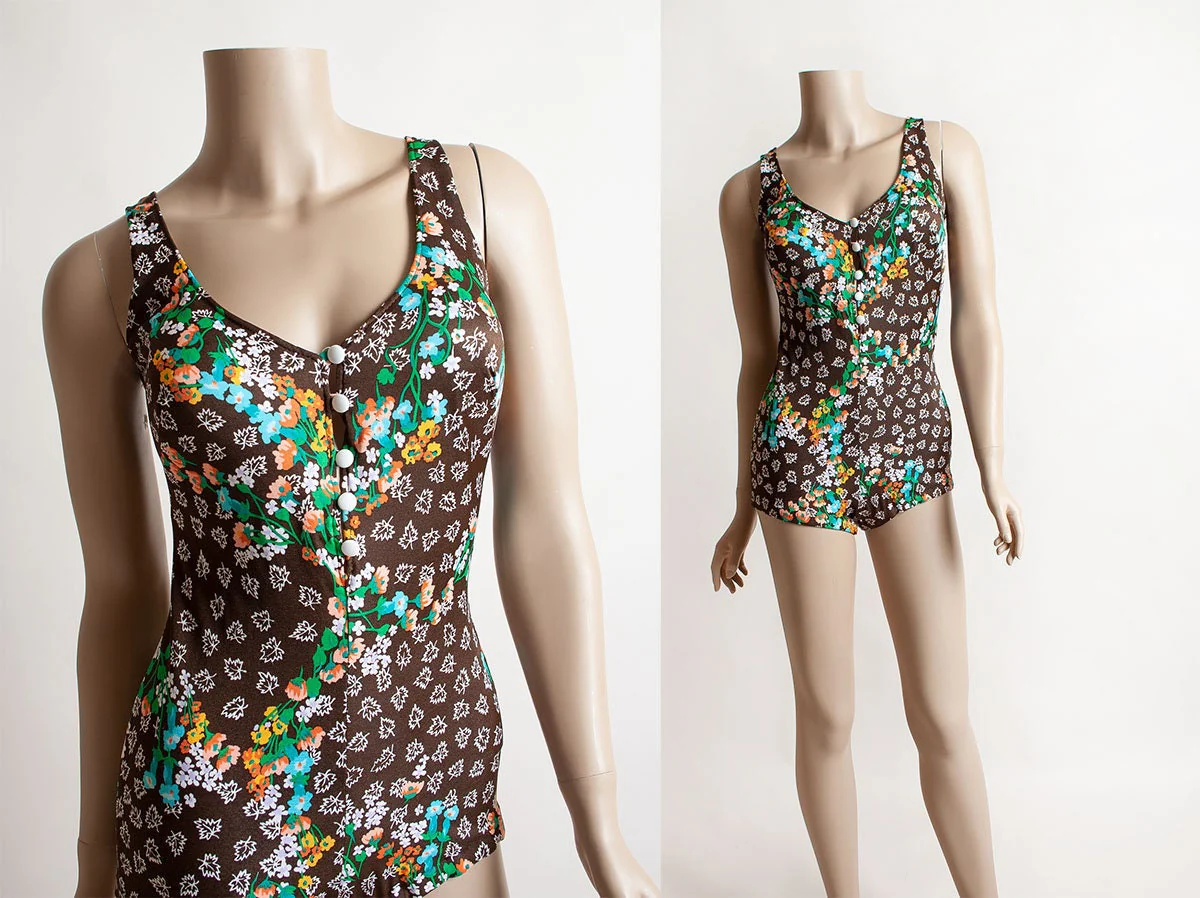 Vintage 70s Bathing Suit Brown Floral Print Autumn Leaf Print One Piece Maillot with Back Cross Strap Open Button Front Small Medium - Image 3