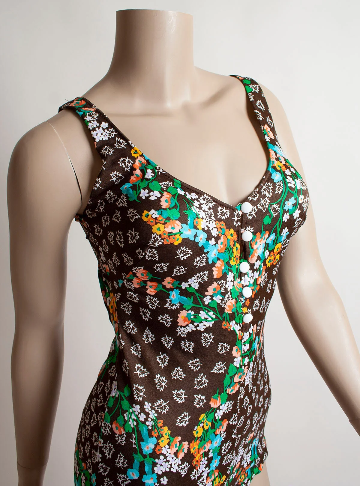 Vintage 70s Bathing Suit Brown Floral Print Autumn Leaf Print One Piece Maillot with Back Cross Strap Open Button Front Small Medium - Image 4