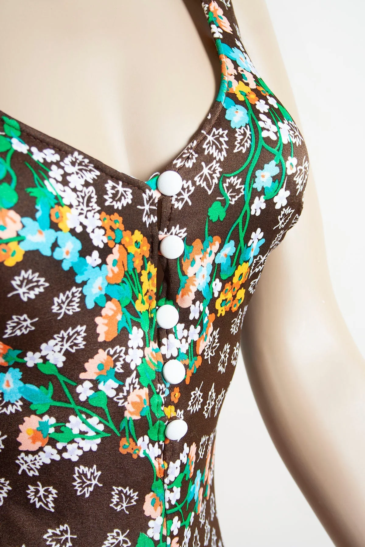Vintage 70s Bathing Suit Brown Floral Print Autumn Leaf Print One Piece Maillot with Back Cross Strap Open Button Front Small Medium - Image 5