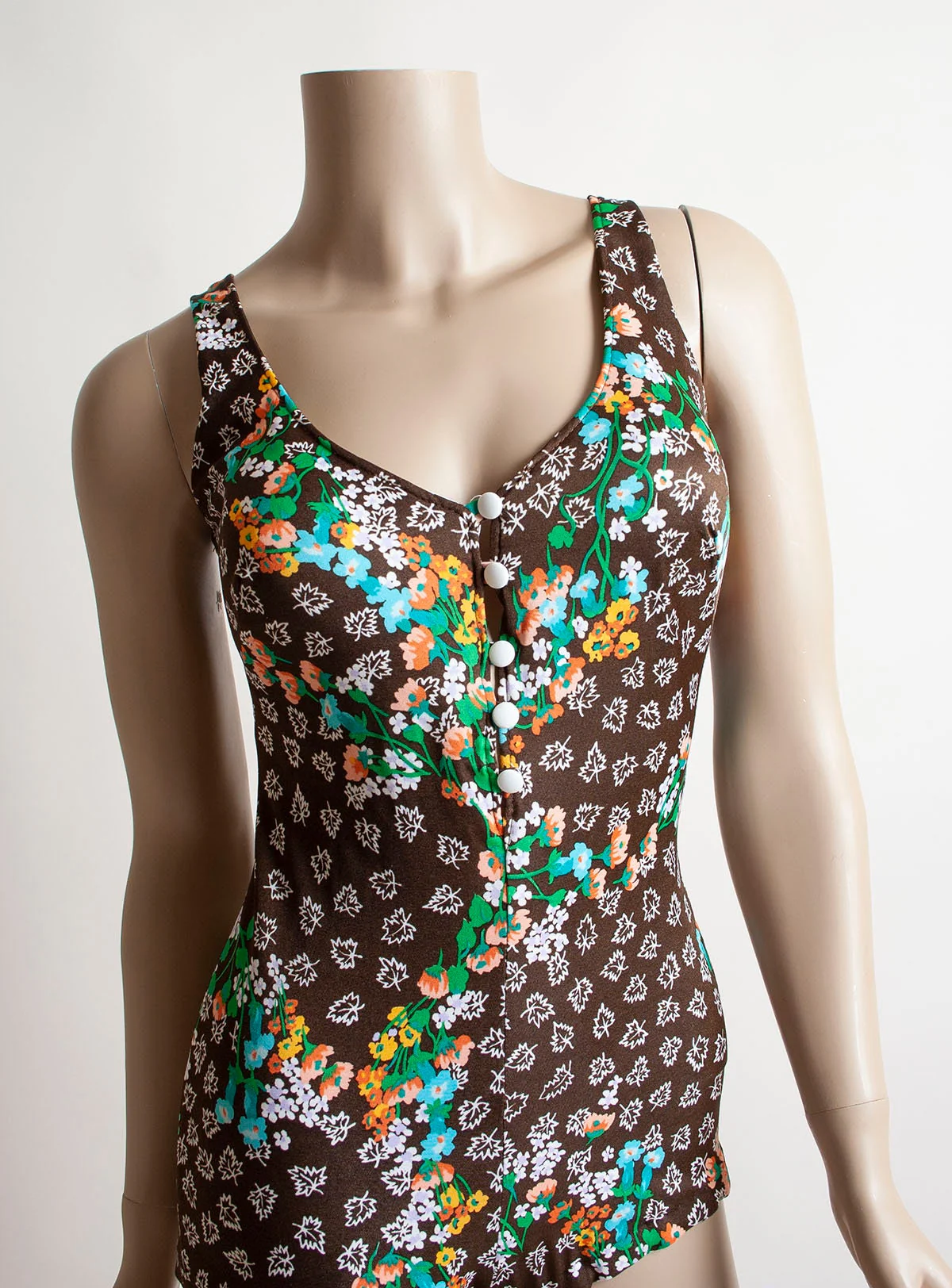 Vintage 70s Bathing Suit Brown Floral Print Autumn Leaf Print One Piece Maillot with Back Cross Strap Open Button Front Small Medium - Image 6