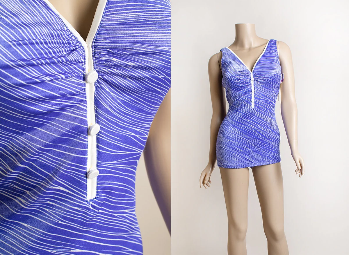 Vintage 70s Bathing Suit Purple and White Zebra Striped Gathered Flattering Bust Button Details Scoop Back Deadstock Sandcastle Small by Sandcastle - Image 3