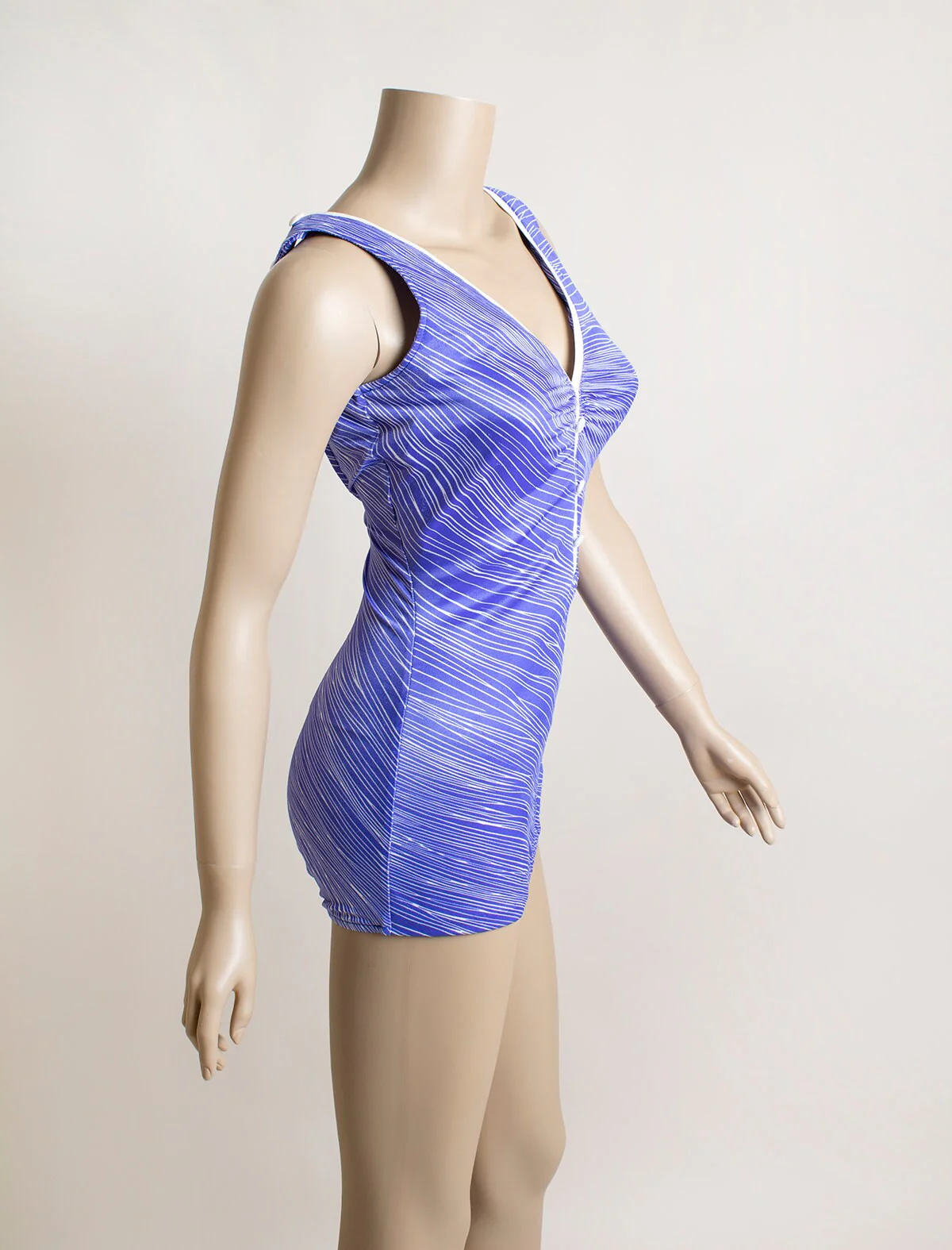 Vintage 70s Bathing Suit Purple and White Zebra Striped Gathered Flattering Bust Button Details Scoop Back Deadstock Sandcastle Small by Sandcastle - Image 5