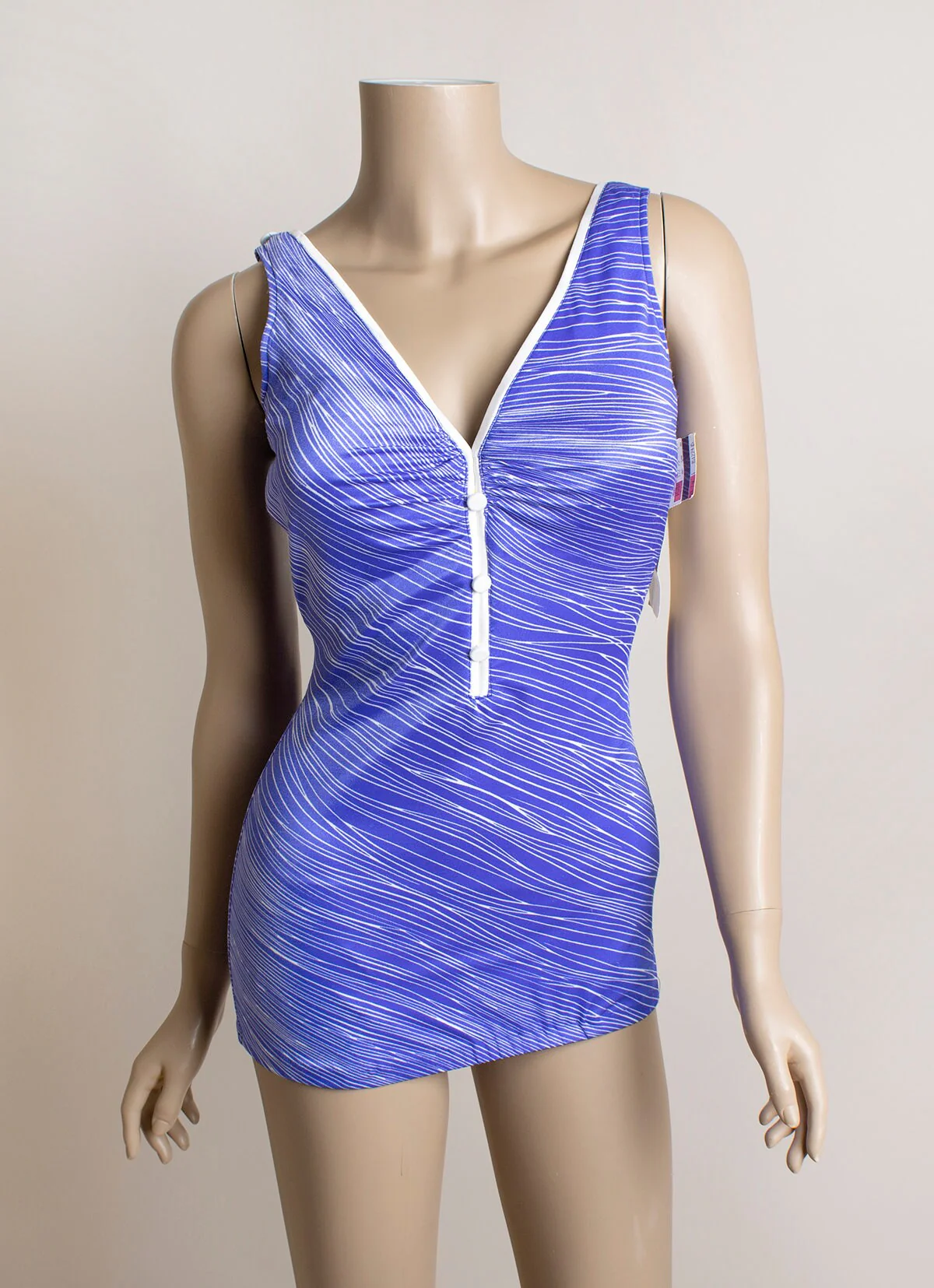 Vintage 70s Bathing Suit Purple and White Zebra Striped Gathered Flattering Bust Button Details Scoop Back Deadstock Sandcastle Small by Sandcastle - Image 6