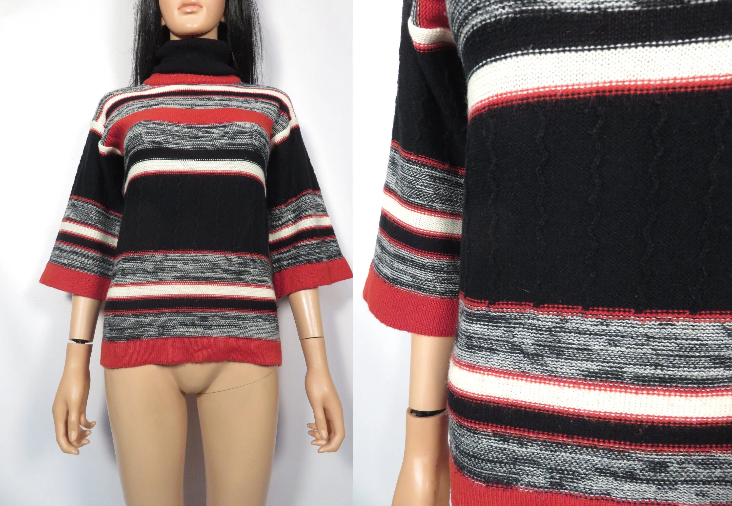Vintage 70s Bell Sleeve Fall Tone Striped Hippie Sweater Size S/xs - Image 3