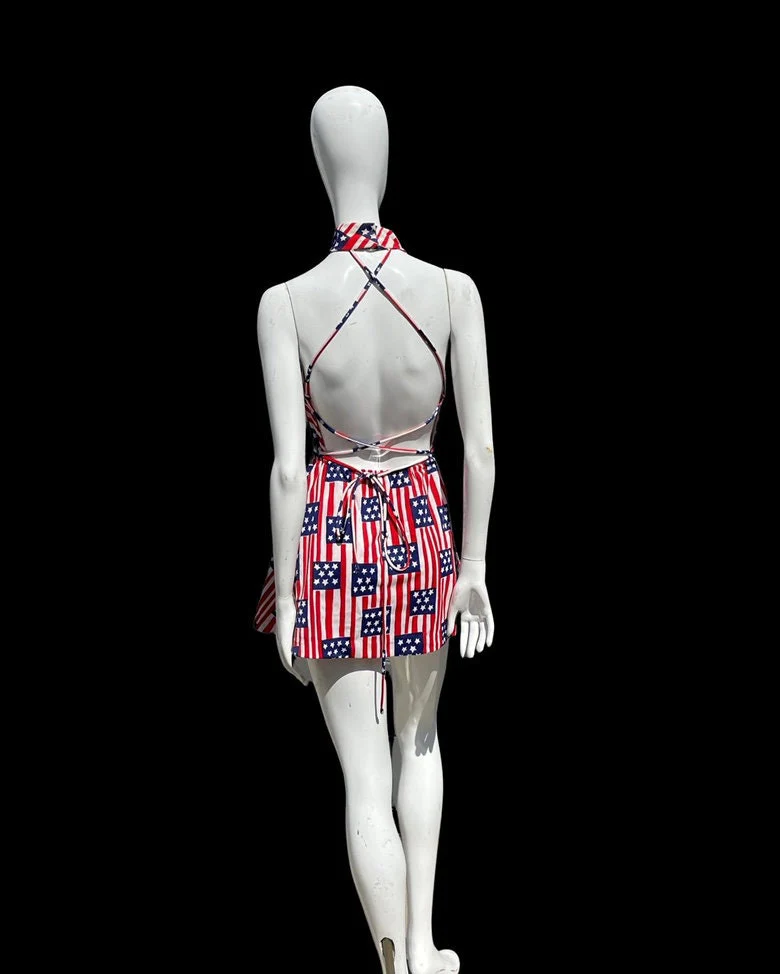 Vintage 70s Bicentennial Novelty Print Pool Dress Sexy Halter Mini Dress Criss Crossed Back Size Small by The Twins Miami by the twins - Image 2