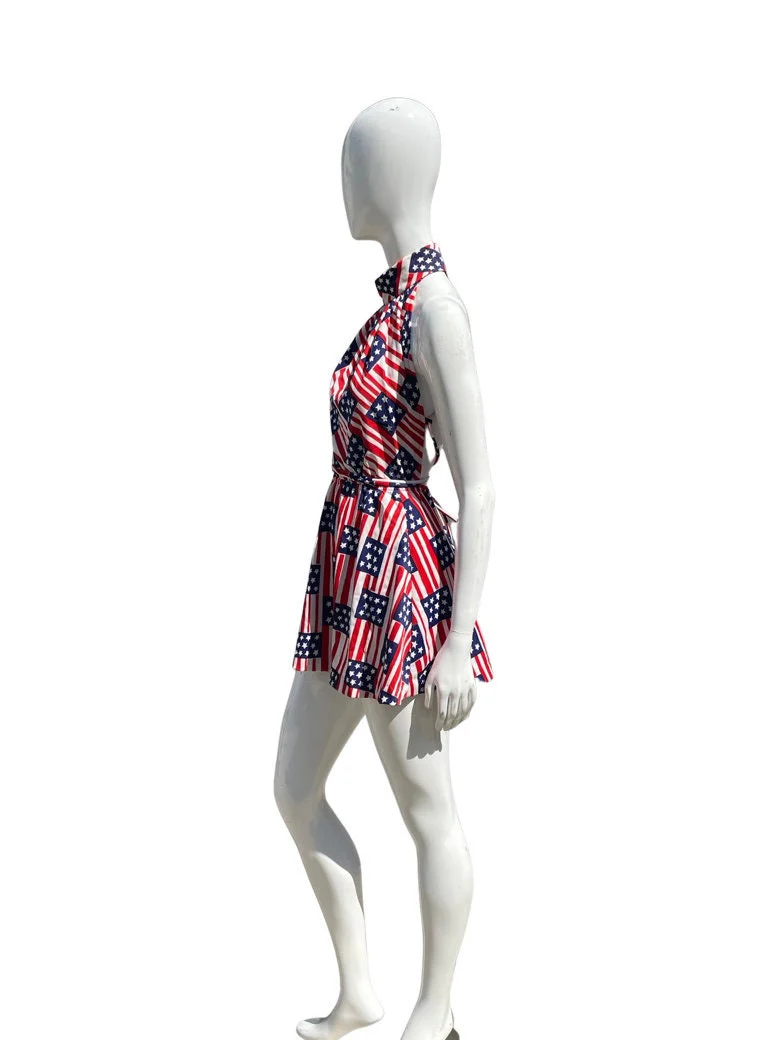 Vintage 70s Bicentennial Novelty Print Pool Dress Sexy Halter Mini Dress Criss Crossed Back Size Small by The Twins Miami by the twins - Image 3