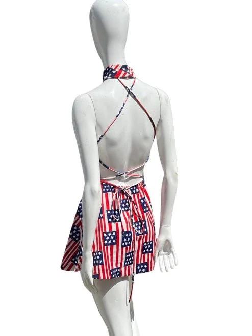 Vintage 70s Bicentennial Novelty Print Pool Dress Sexy Halter Mini Dress Criss Crossed Back Size Small by The Twins Miami by the twins - Image 4