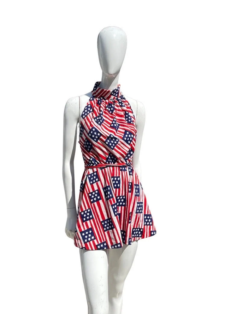 Vintage 70s Bicentennial Novelty Print Pool Dress Sexy Halter Mini Dress Criss Crossed Back Size Small by The Twins Miami by the twins - Image 5