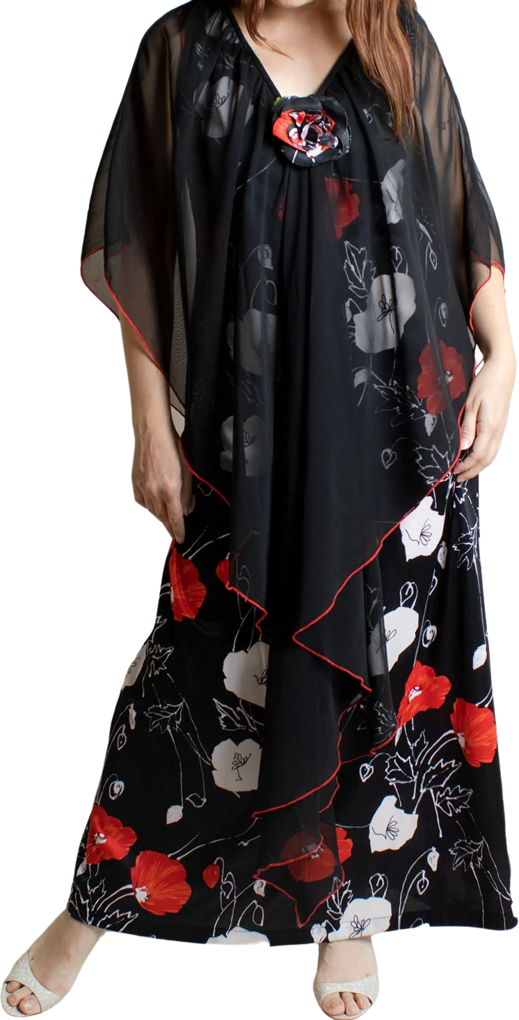 Vintage 70s Black Dark Floral Maxi Dress with Sheer Angel Wings Overlay Cape - Image 3