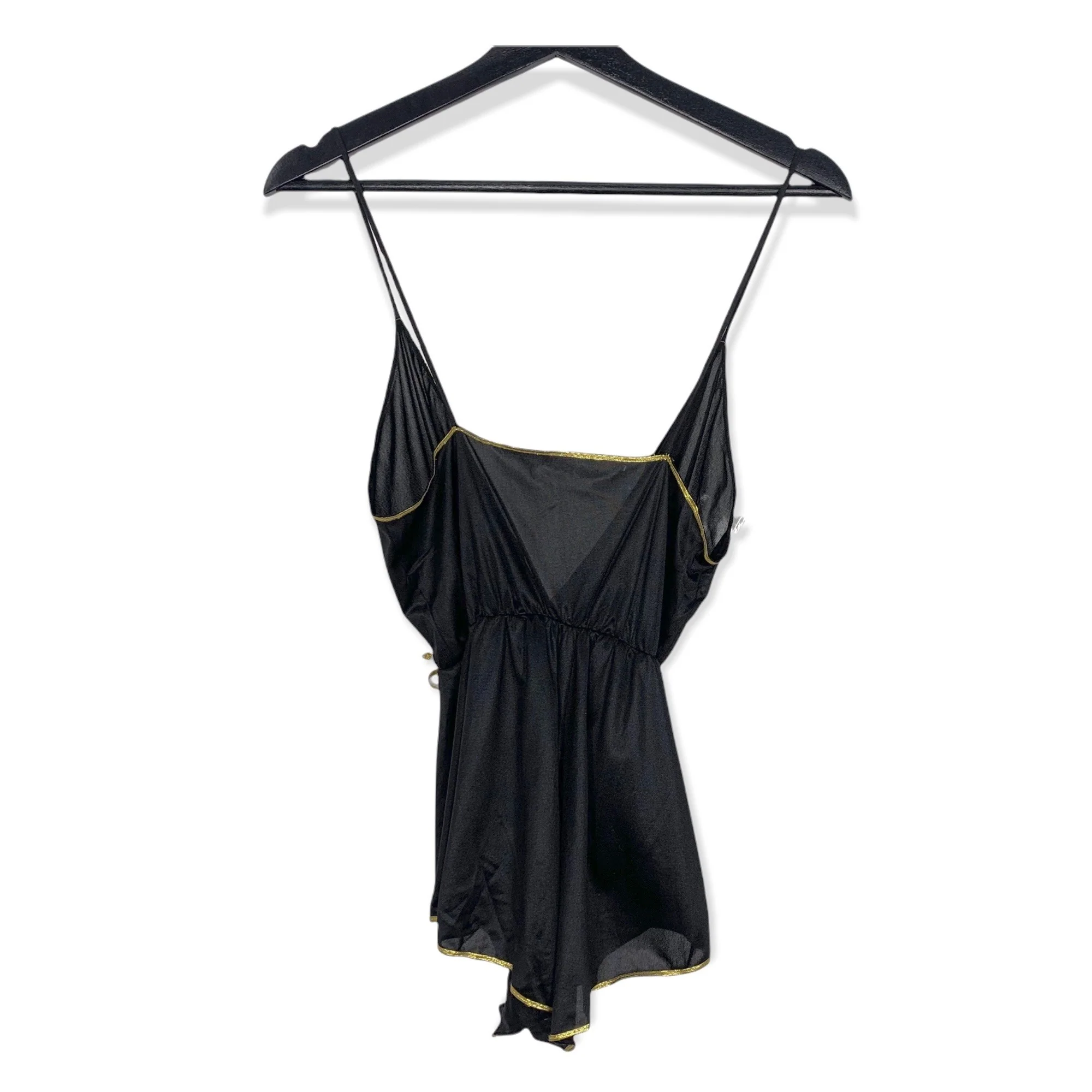 Vintage 70s Black Gold Trim Spaghetti Strap Surplice Nylon Negligee Small by Flair - Image 2