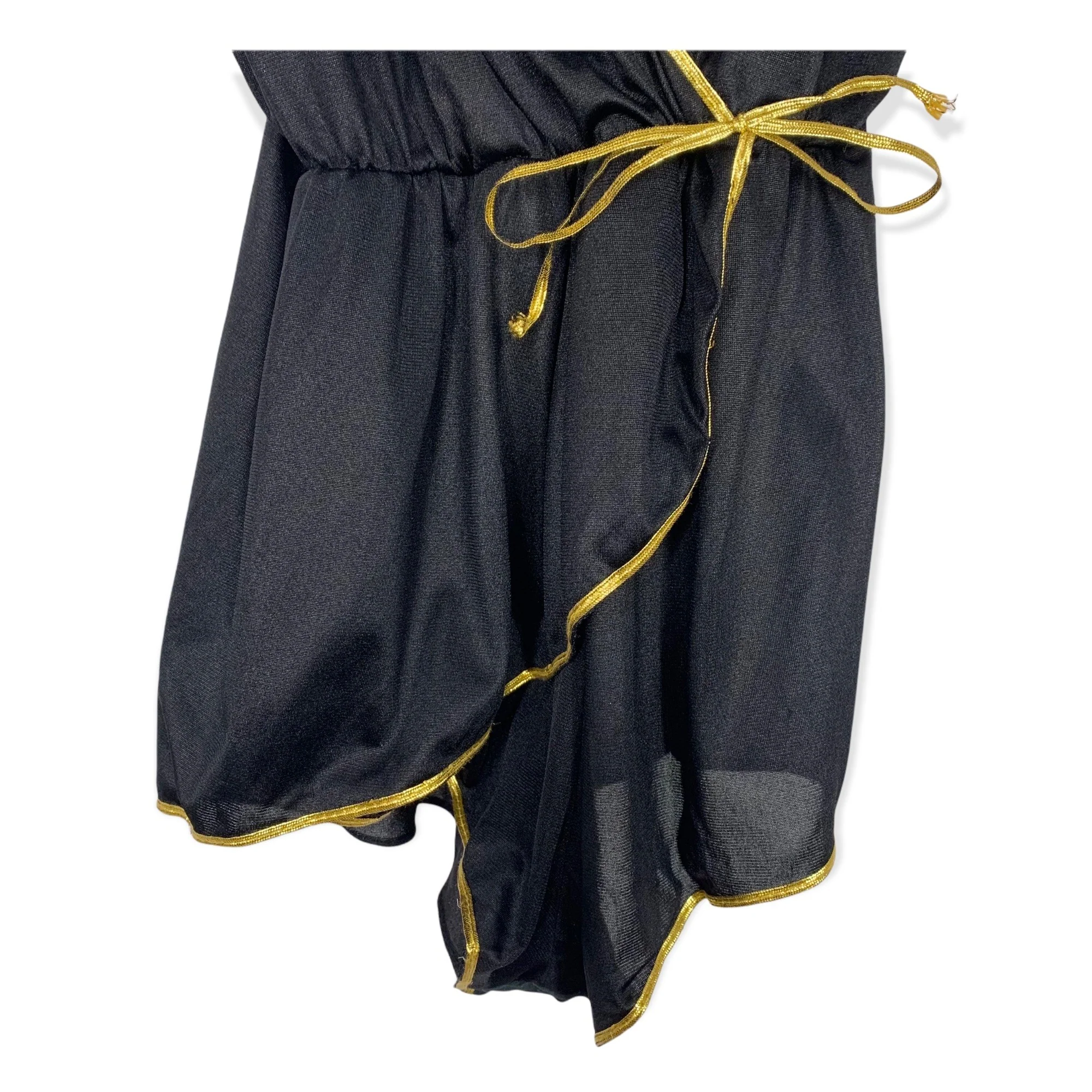 Vintage 70s Black Gold Trim Spaghetti Strap Surplice Nylon Negligee Small by Flair - Image 4