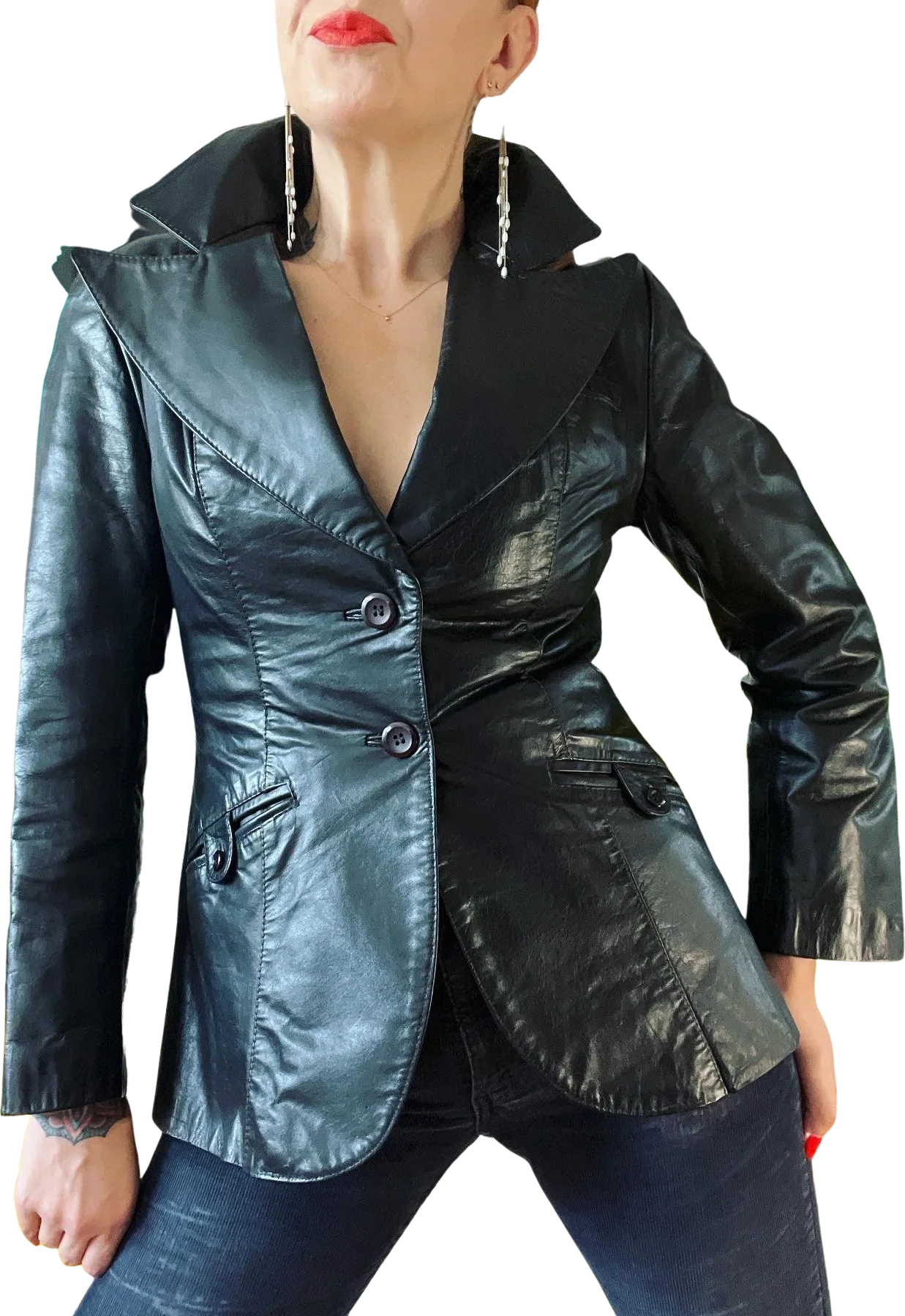 Vintage 70s Black Leather Tailored Blazer Jacket with An Incredible Extra Large Notch Lapel Princess Seams Back Vent Two Piece