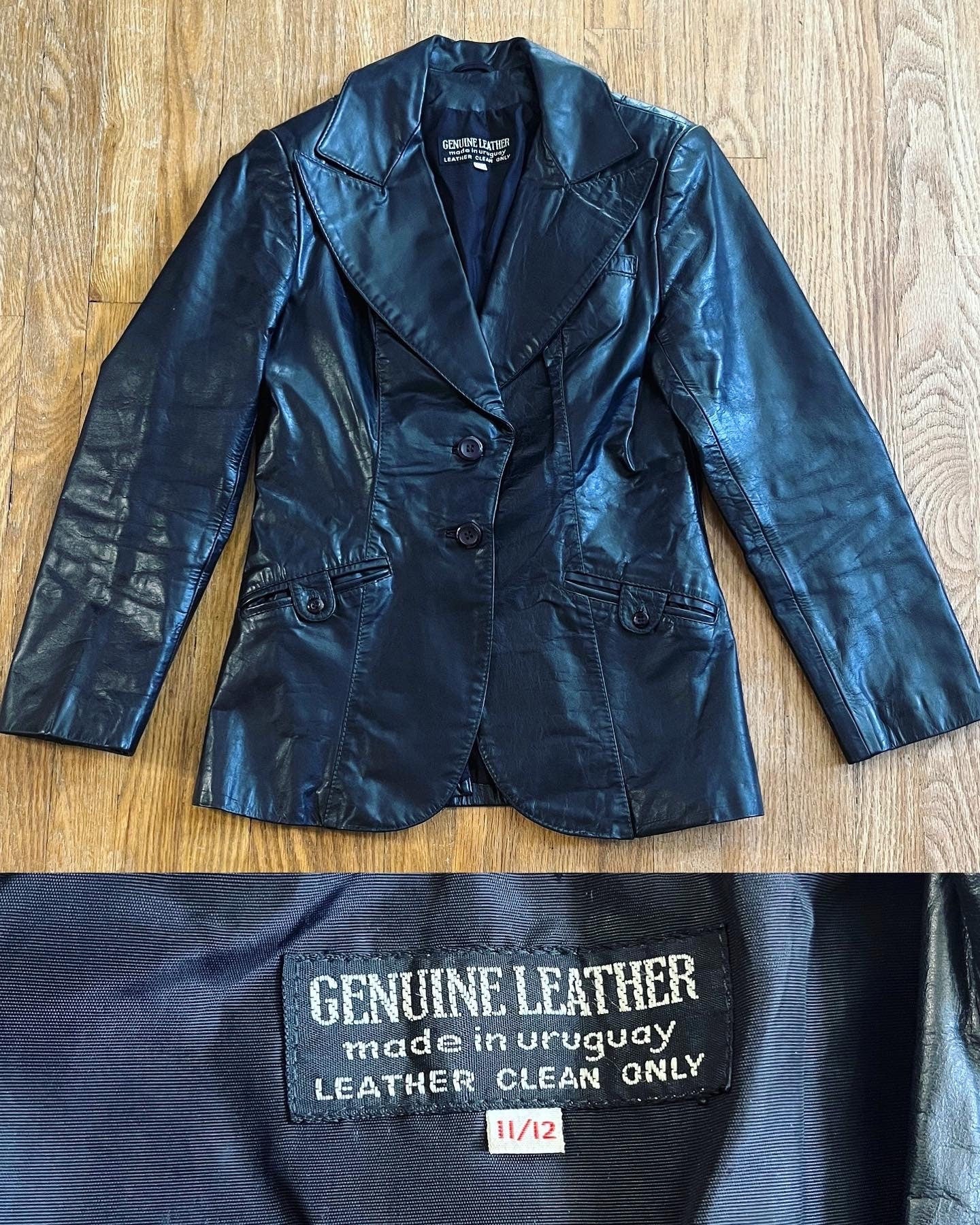 Vintage 70s Black Leather Tailored Blazer Jacket with An Incredible Extra Large Notch Lapel Princess Seams Back Vent Two Piece - Image 10