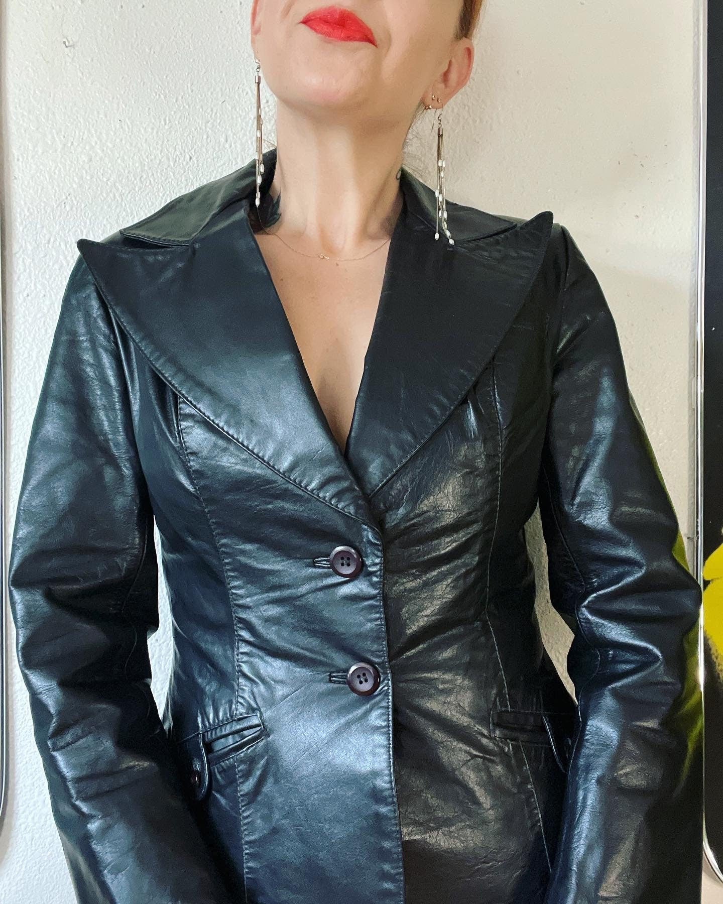 Vintage 70s Black Leather Tailored Blazer Jacket with An Incredible Extra Large Notch Lapel Princess Seams Back Vent Two Piece - Image 3