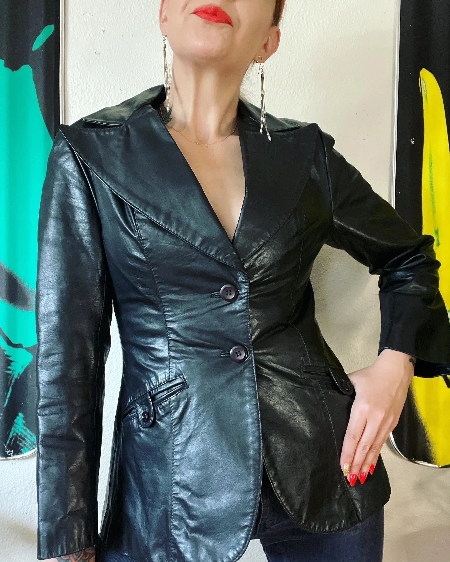 Vintage 70s Black Leather Tailored Blazer Jacket with An Incredible Extra Large Notch Lapel Princess Seams Back Vent Two Piece - Image 5