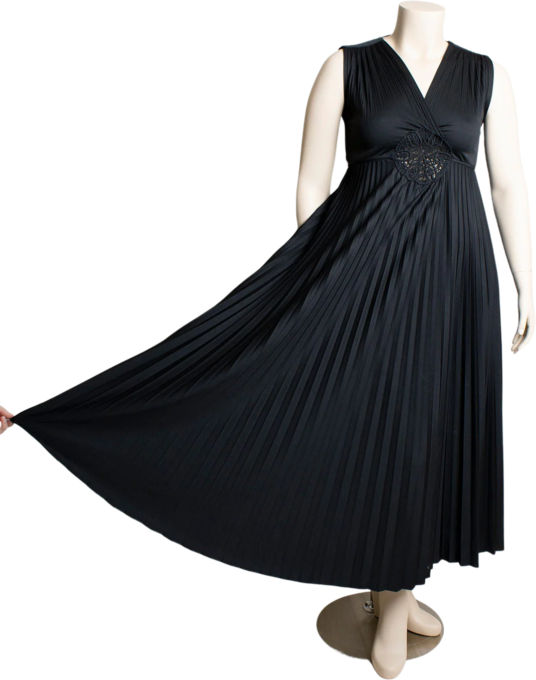 Vintage 70s Black Maxi Dress Goddess Pleated Floor Length Skirt Gothic Peek a Boo Waist Large by Jody of California