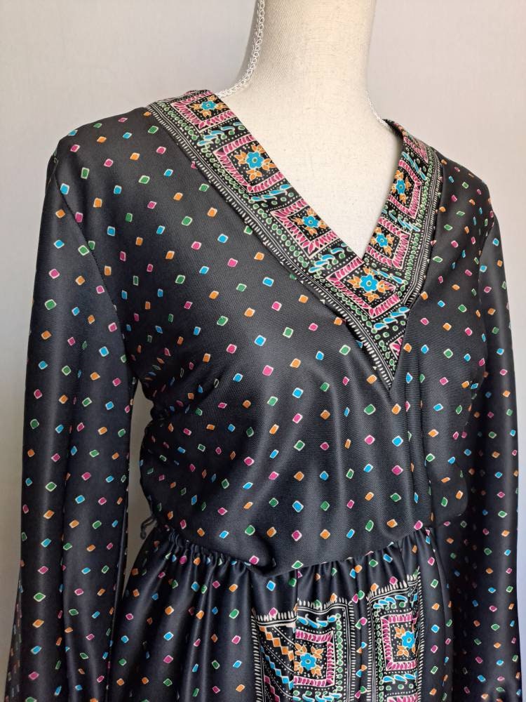 Vintage 70s Black Print Dress with Bishop Sleeves - Image 2