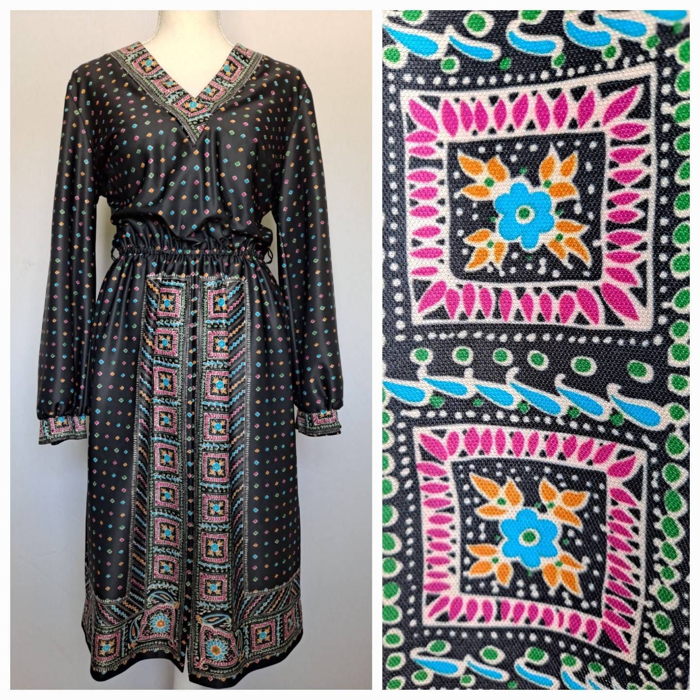 Vintage 70s Black Print Dress with Bishop Sleeves - Image 3