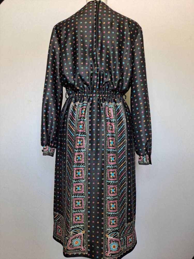 Vintage 70s Black Print Dress with Bishop Sleeves - Image 4