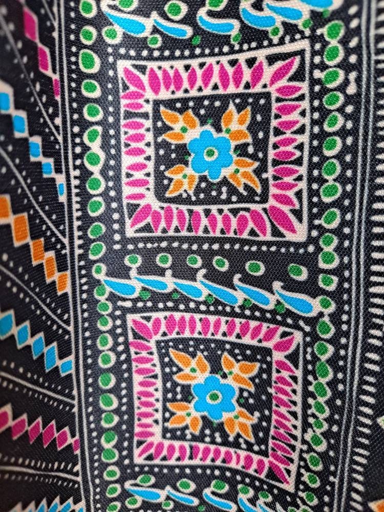 Vintage 70s Black Print Dress with Bishop Sleeves - Image 7