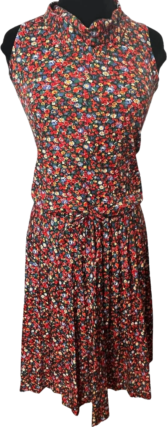 Vintage 70s Black Red Orange Floral Pleat Two Piece Skirt Set Small/med Fall