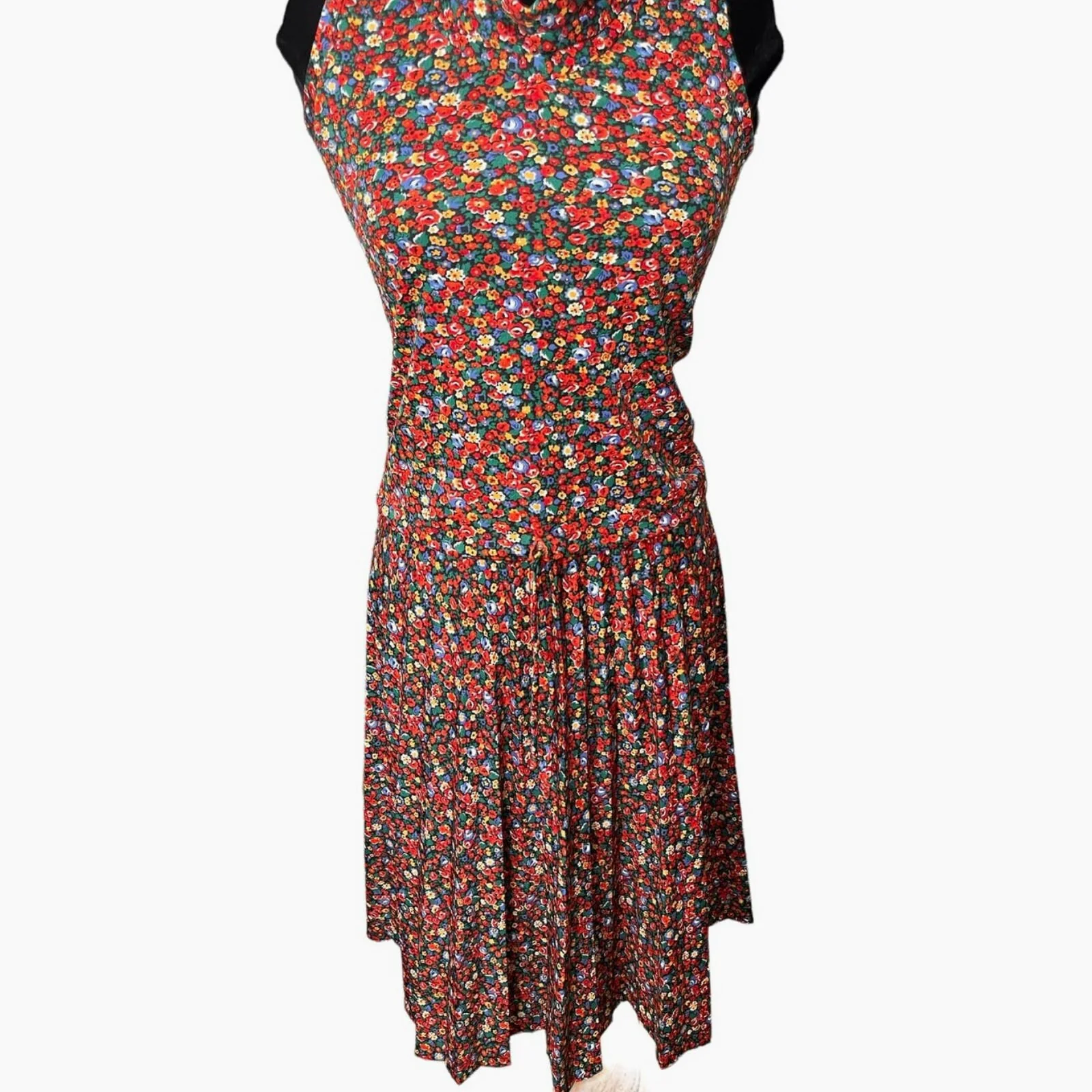 Vintage 70s Black Red Orange Floral Pleat Two Piece Skirt Set Small/med Fall - Image 8