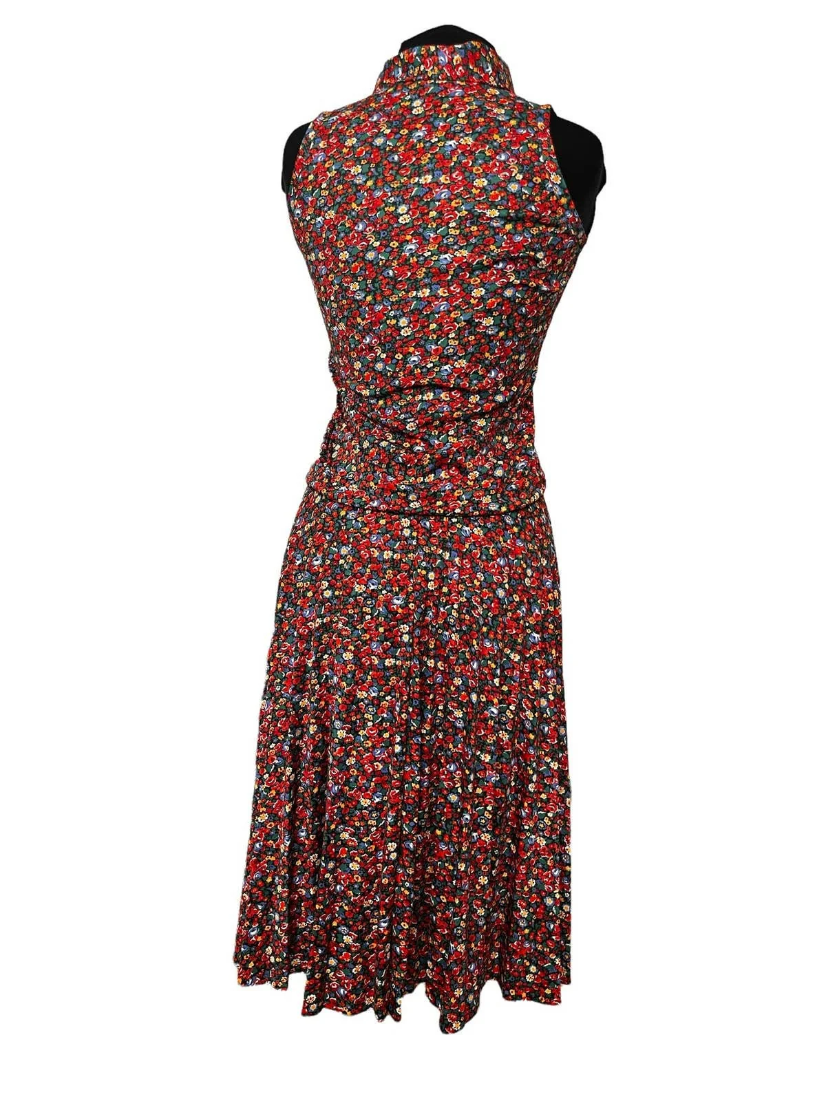 Vintage 70s Black Red Orange Floral Pleat Two Piece Skirt Set Small/med Fall - Image 9