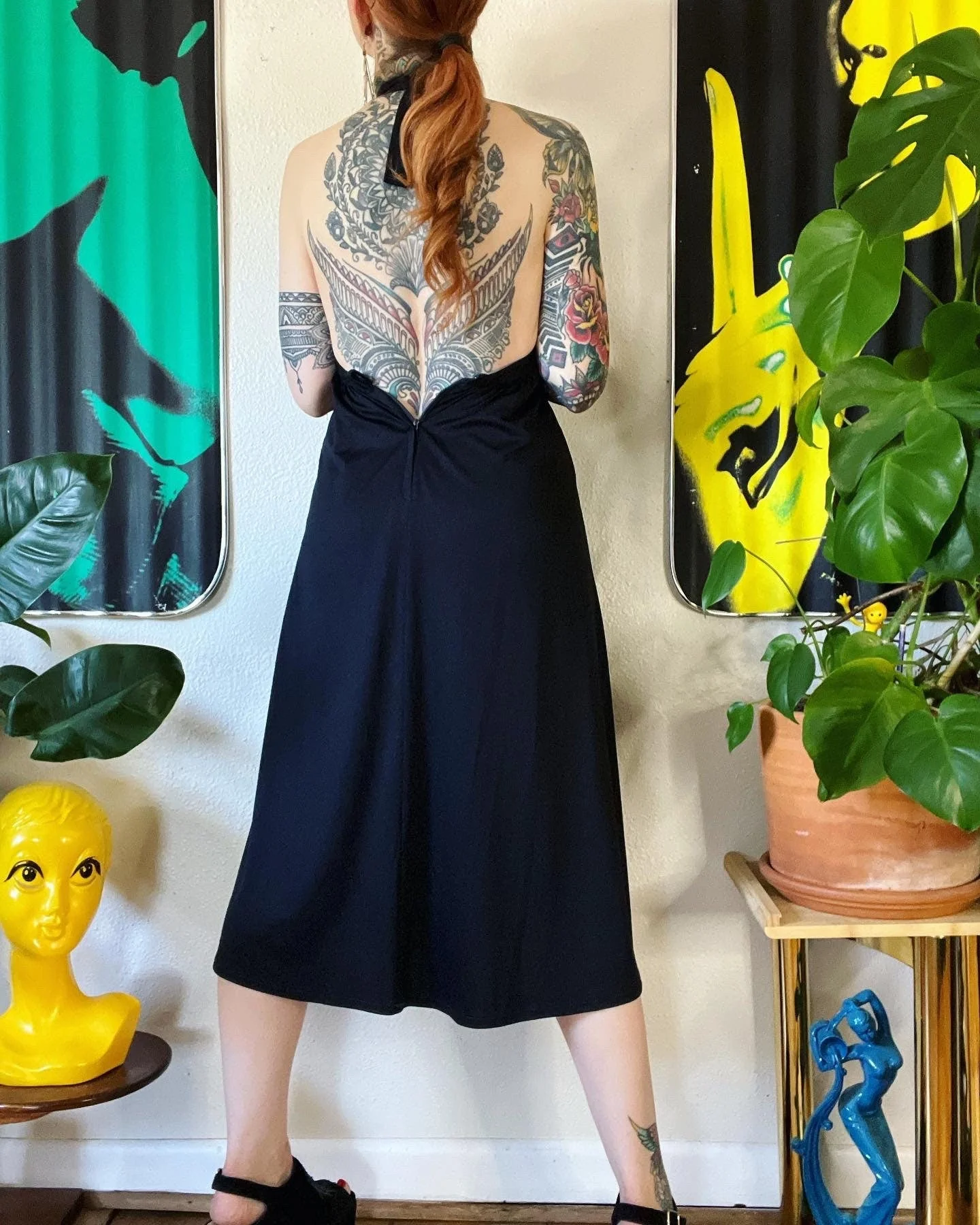 Vintage 70s Black Slinky Knit Almost Waist Deep Plunging Neckline Halter Dress with Gold Rope Trim - Image 2