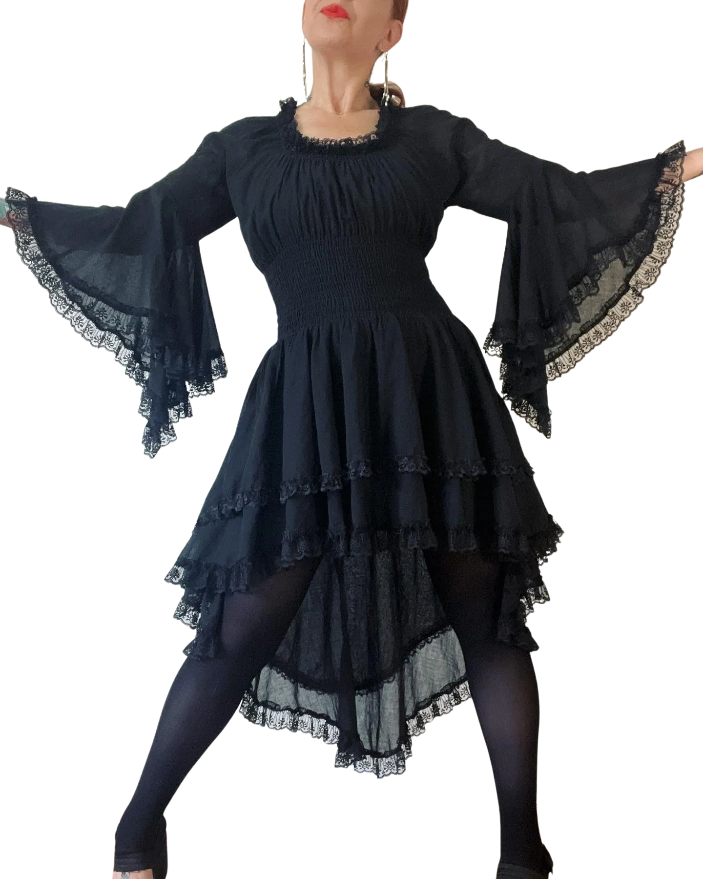 Vintage 70s Black Tissue Weight Cotton and Lace Tapered Angel Sleeve Dress