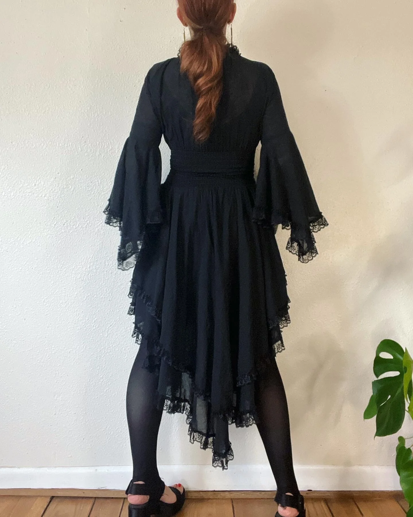 Vintage 70s Black Tissue Weight Cotton and Lace Tapered Angel Sleeve Dress - Image 4