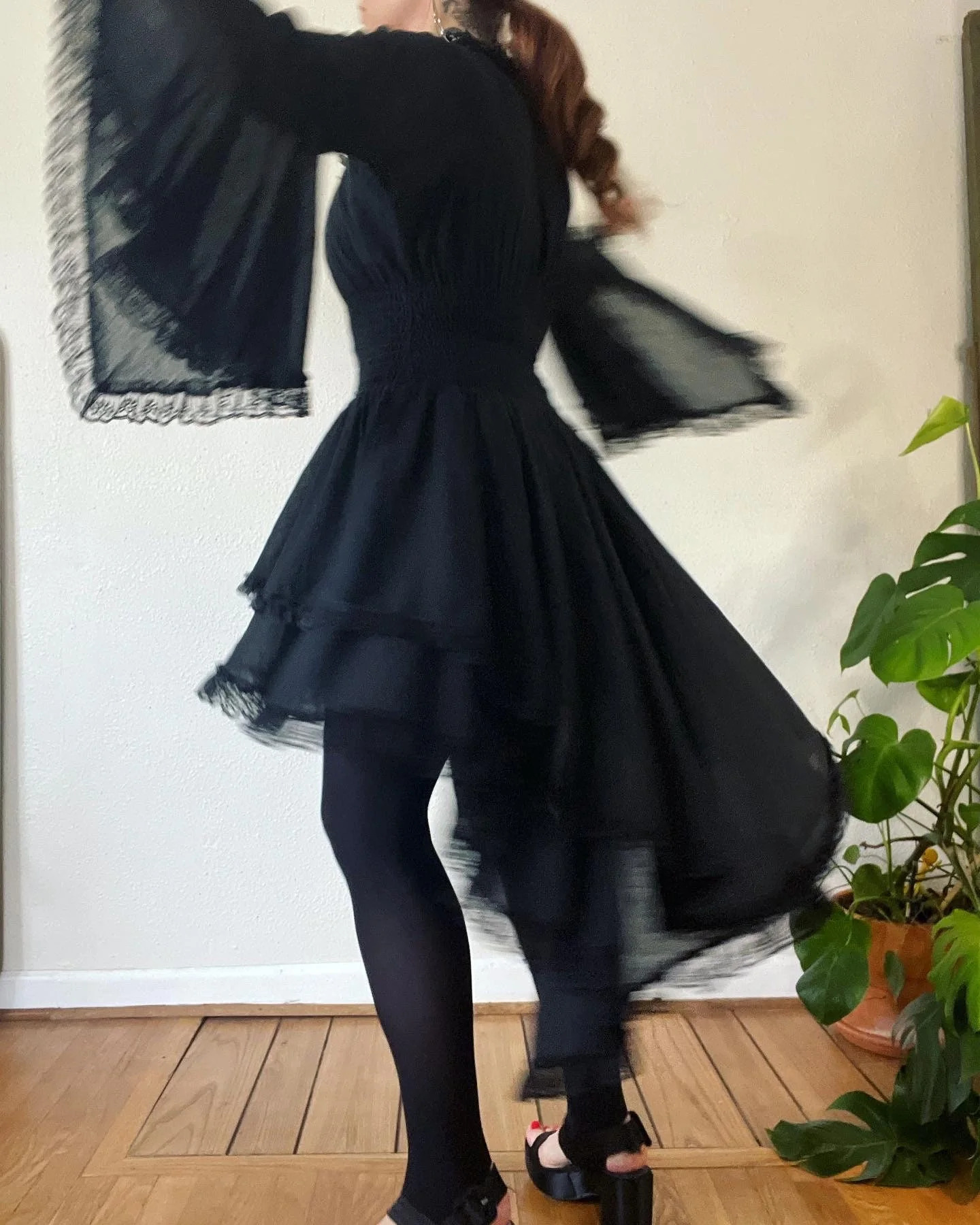 Vintage 70s Black Tissue Weight Cotton and Lace Tapered Angel Sleeve Dress - Image 6