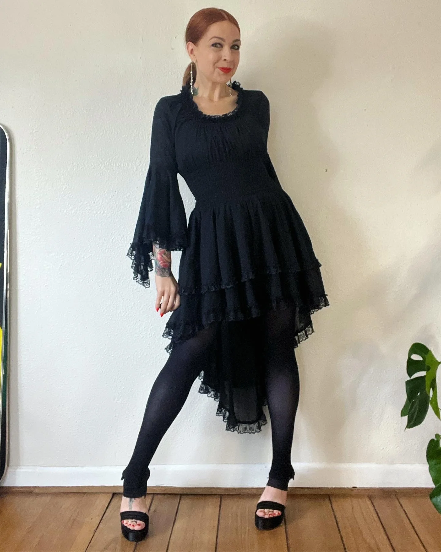 Vintage 70s Black Tissue Weight Cotton and Lace Tapered Angel Sleeve Dress - Image 9