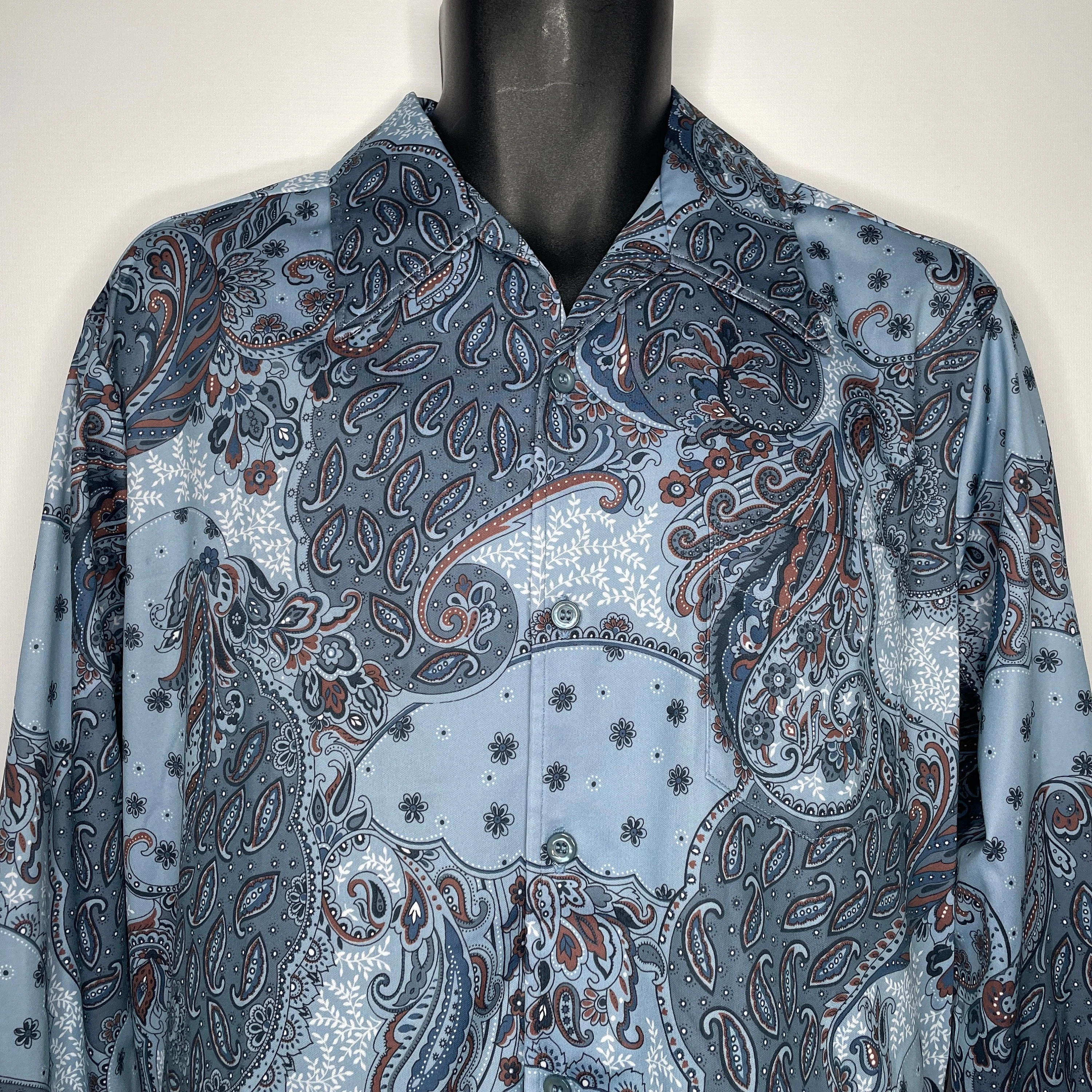 Vintage 70s Blue Brown Paisley Polyester Dagger Collar Disco Shirt Size L by Spire - Image 2