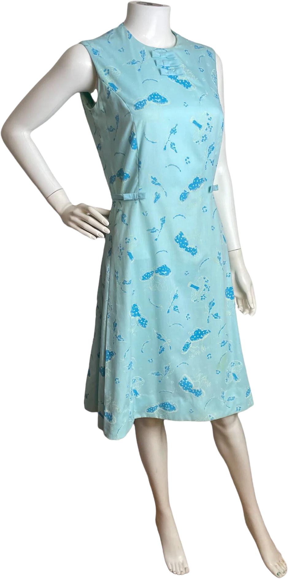 Vintage 70s Blue Mushroom Caterpillar Novelty Print Dress