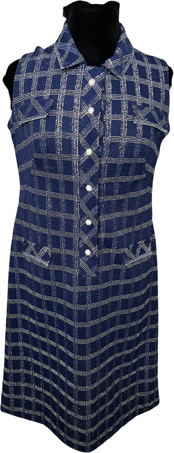 Vintage 70s Blue Silver Plaid Sheath Casual Dress Work School Fall Xl Lg by Jercoli