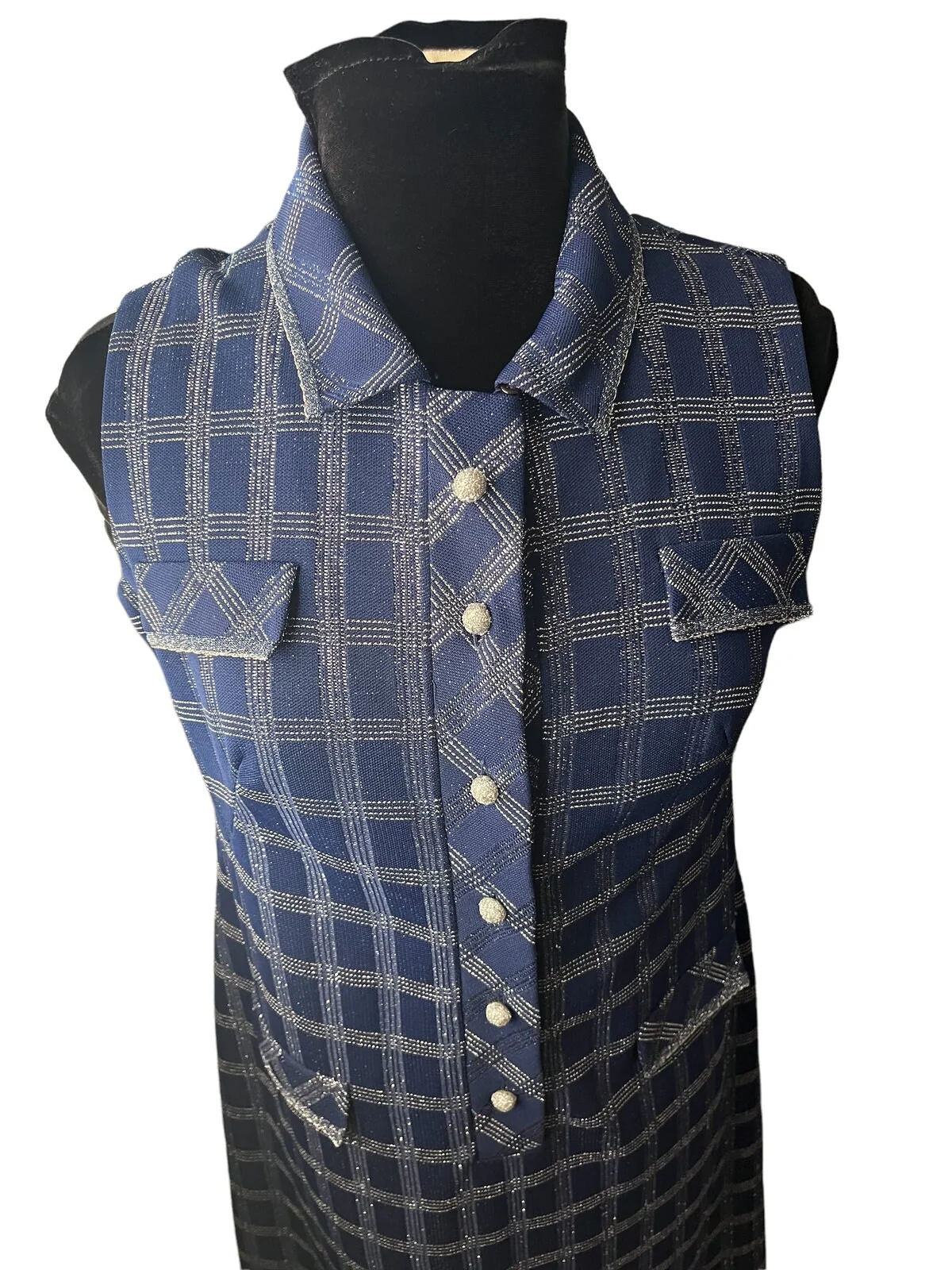 Vintage 70s Blue Silver Plaid Sheath Casual Dress Work School Fall Xl Lg by Jercoli - Image 3