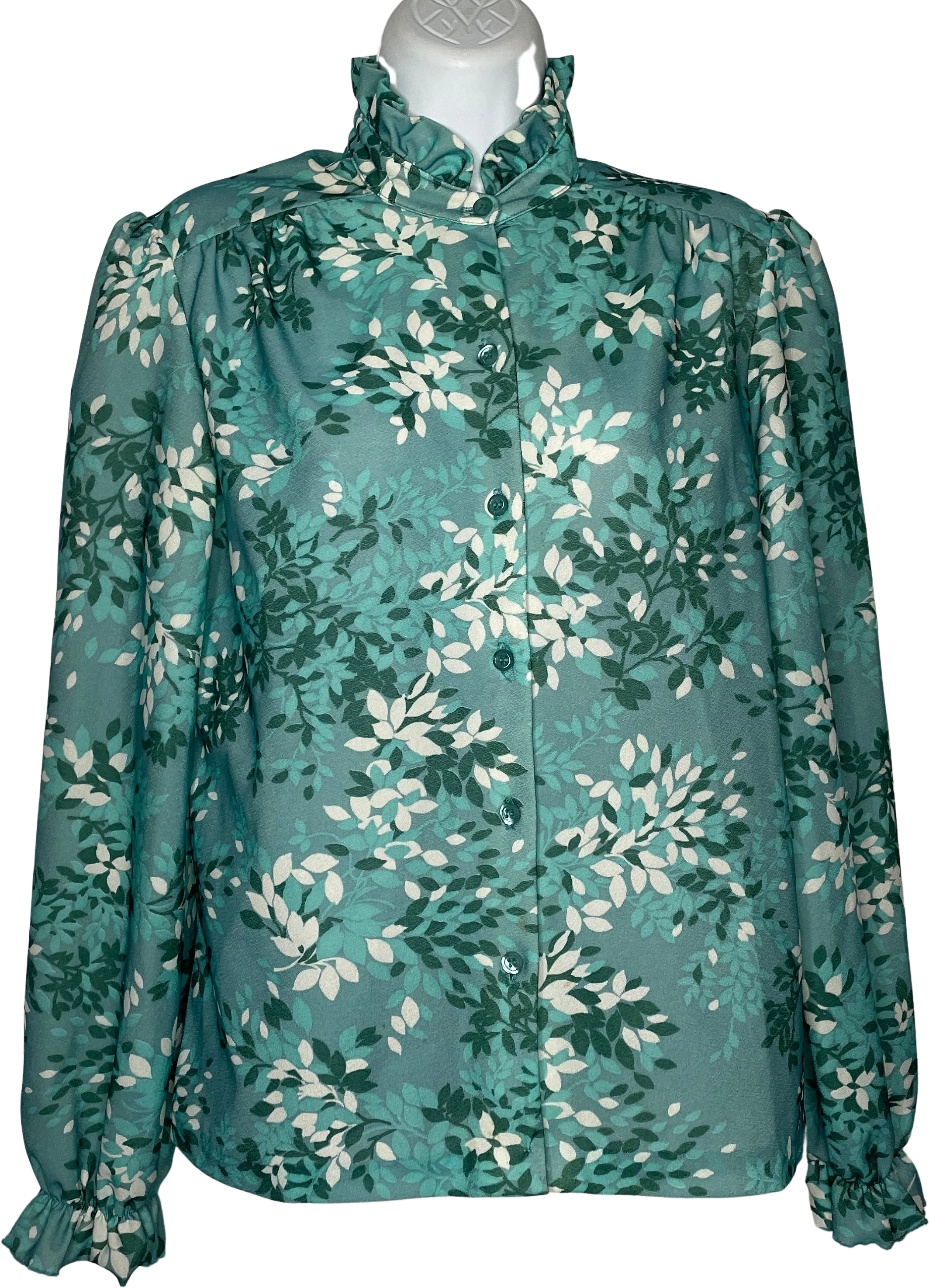 Vintage 70s Blue White Leaf Ruffle Collar Secretary Blouse Size M by Cricket Lane