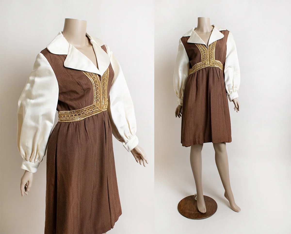 Vintage 70s Boutique Dress - White Satin Sleeves and Gold Trims - Prairie Style Dolly Dress - Designer - Small by Oscar De La Renta - Image 3
