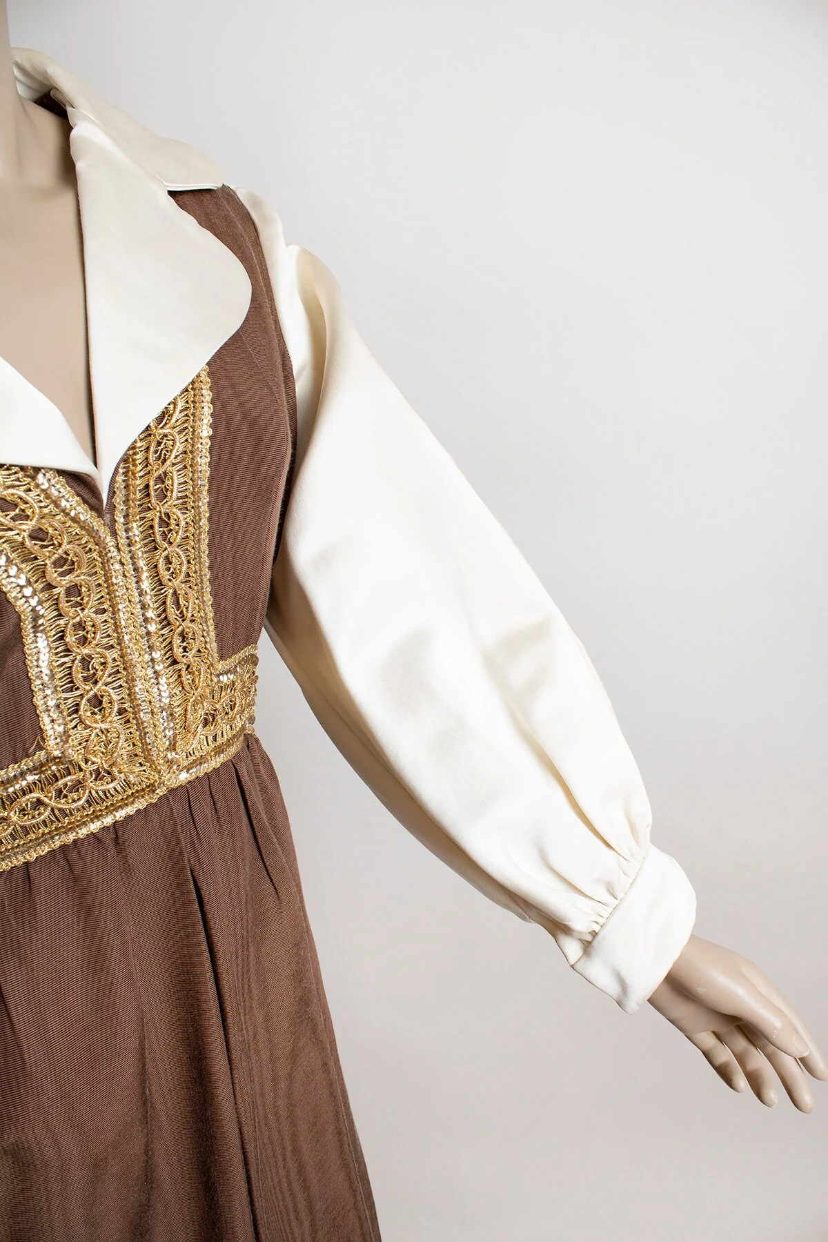 Vintage 70s Boutique Dress - White Satin Sleeves and Gold Trims - Prairie Style Dolly Dress - Designer - Small by Oscar De La Renta - Image 8