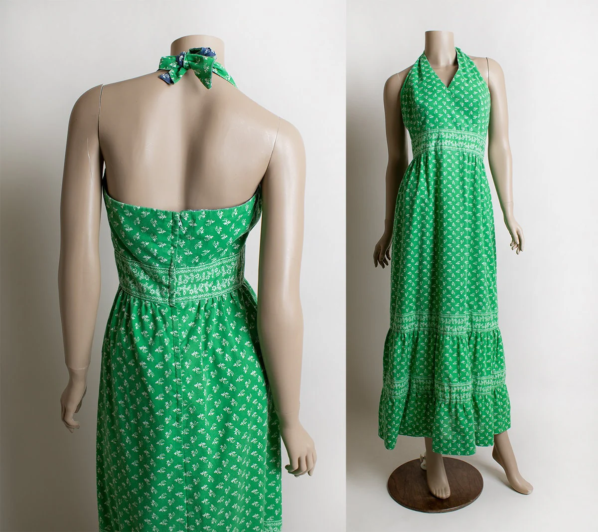 Vintage 70s Bright Kelly Green Floral Print Halter Floor Length Maxi Cotton Day Dress - Image 5